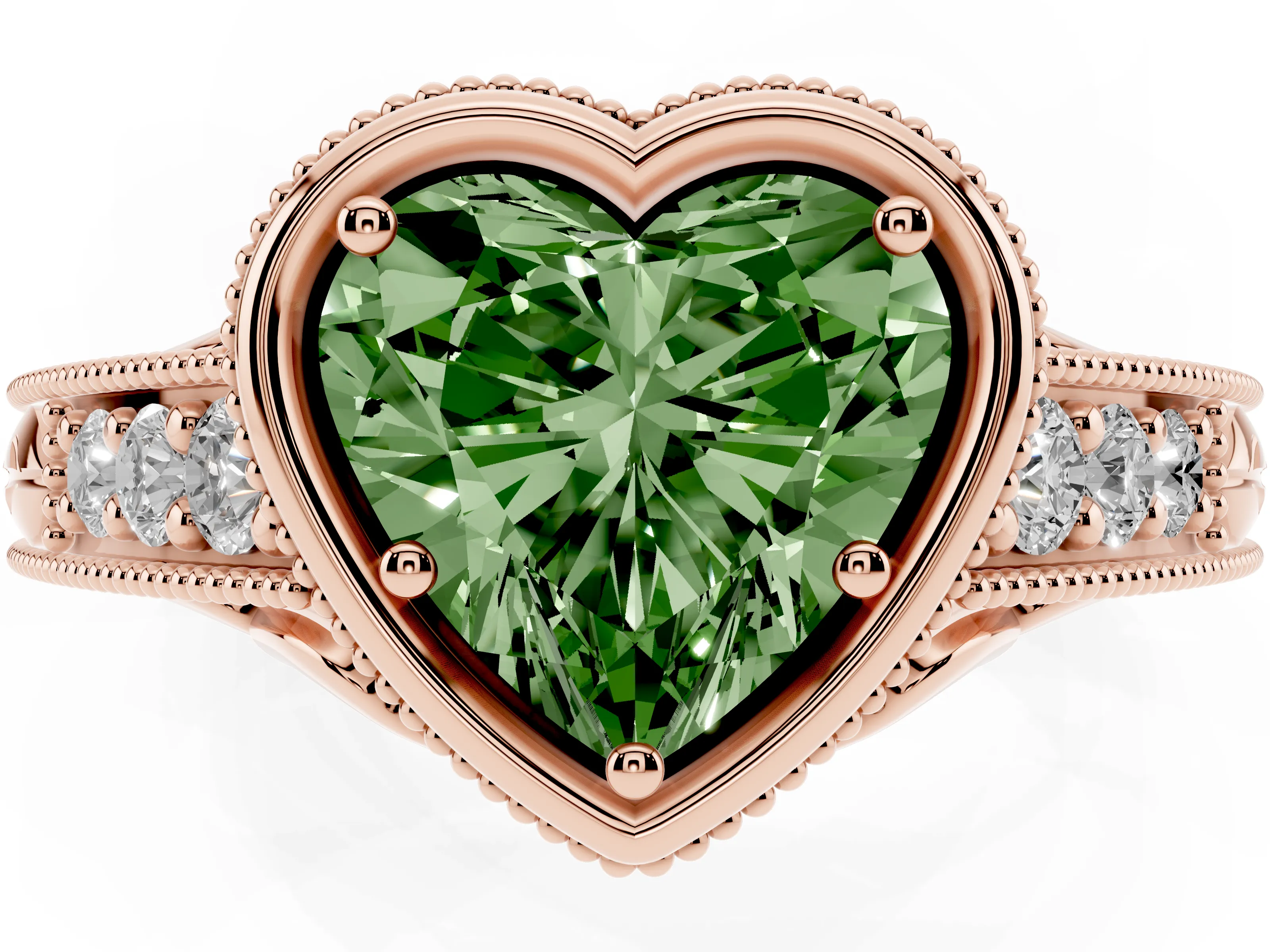 Fancy Green Bezel Set Heart Cut Diamond Milgrain Pavé Engagement Ring Set in Rose gold