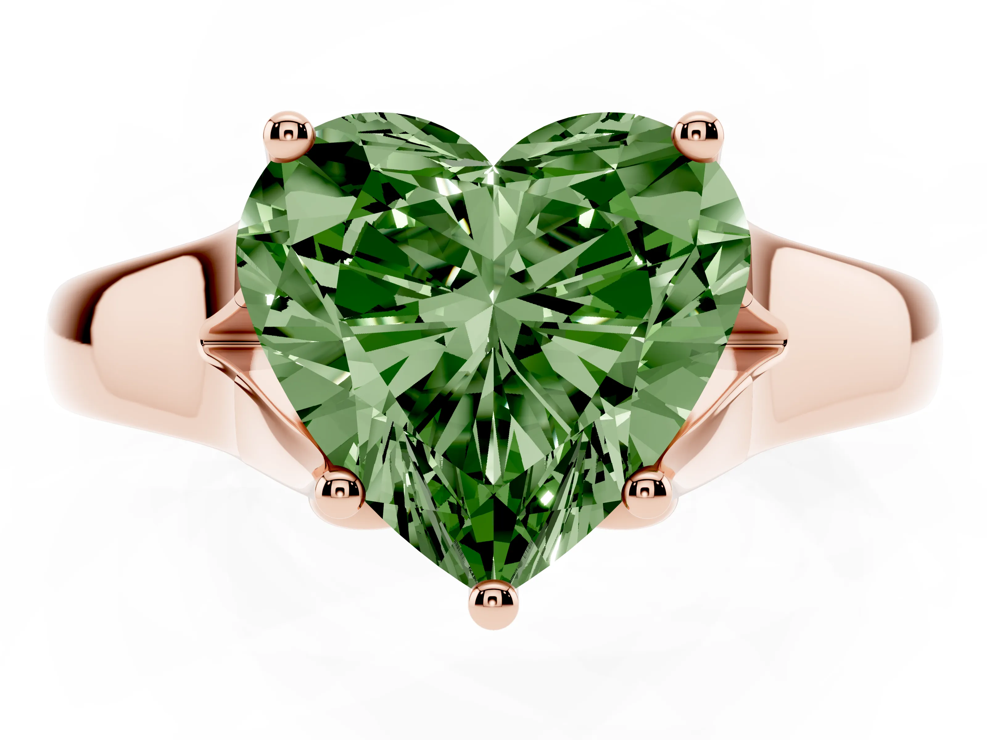 Fancy Green Heart Cut Diamond Solitaire Ring Set in Rose gold with Arched Cathedral Band and Prong Setting