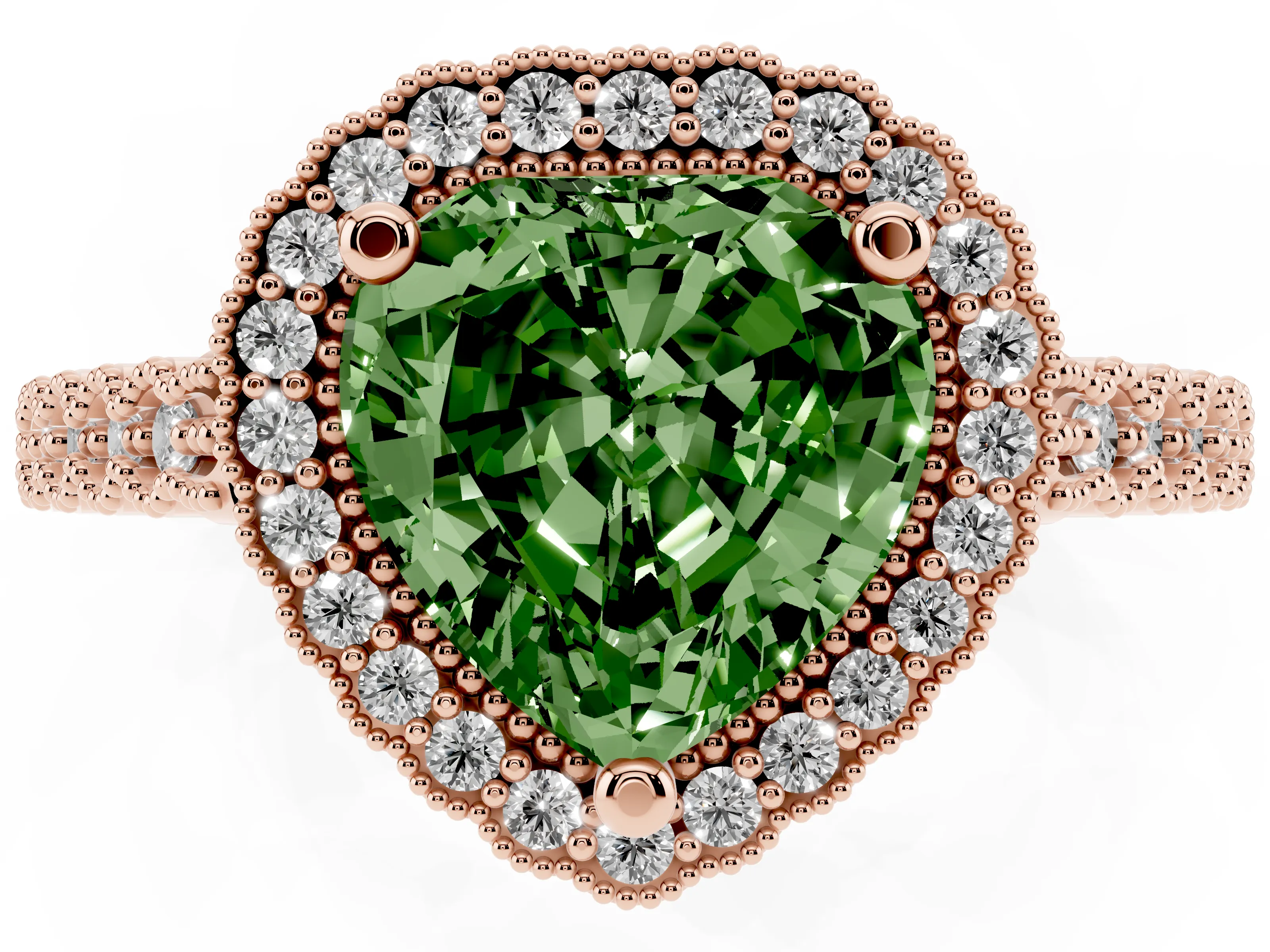 Fancy Green Heart Cut Diamond Halo Ring Set in Rose gold with Pavé Milgrain Band