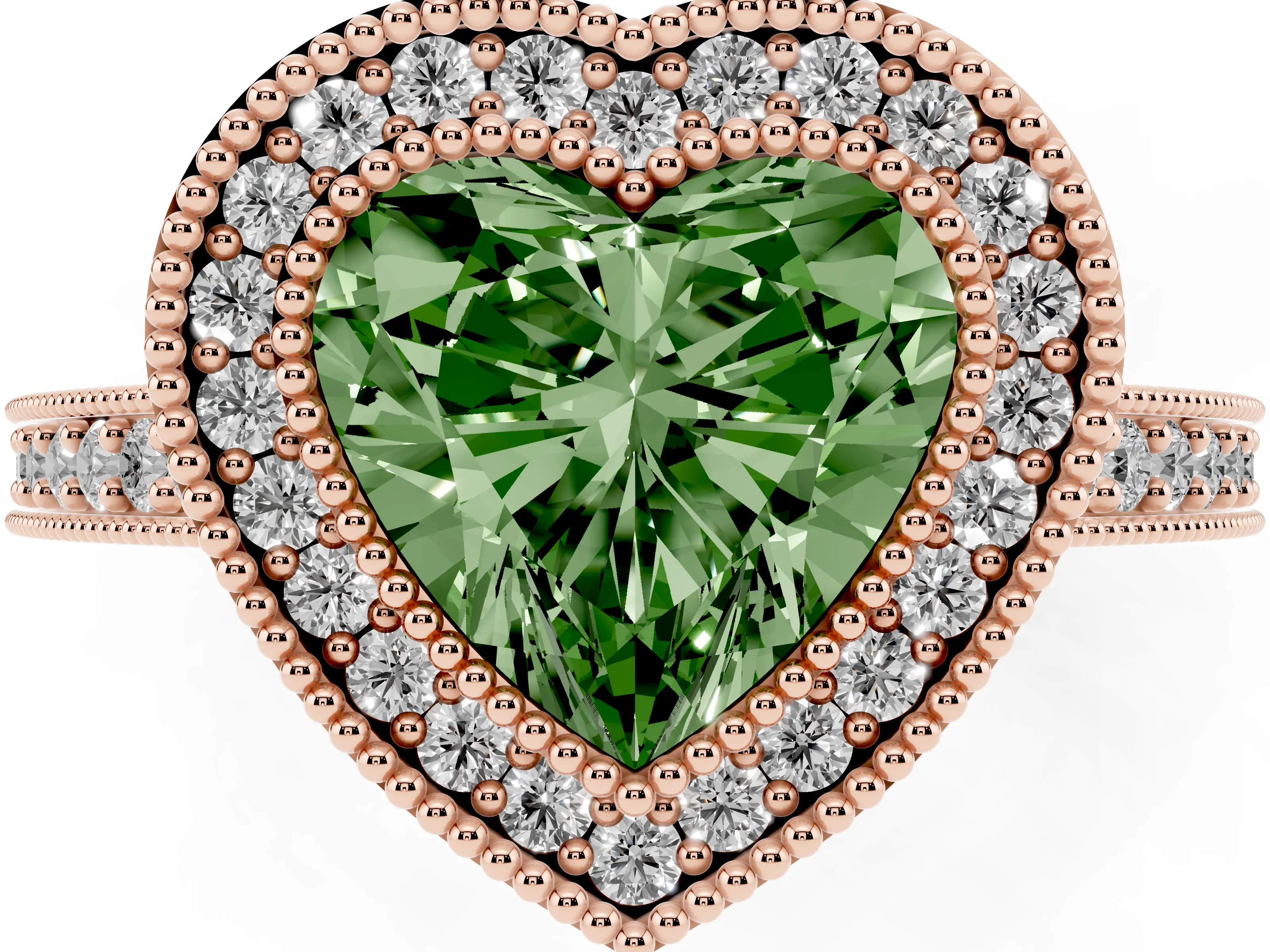 Fancy Green Heart Cut Diamond Halo Engagement Ring Set in Rose gold with Pavé Band and Round Halo Stones