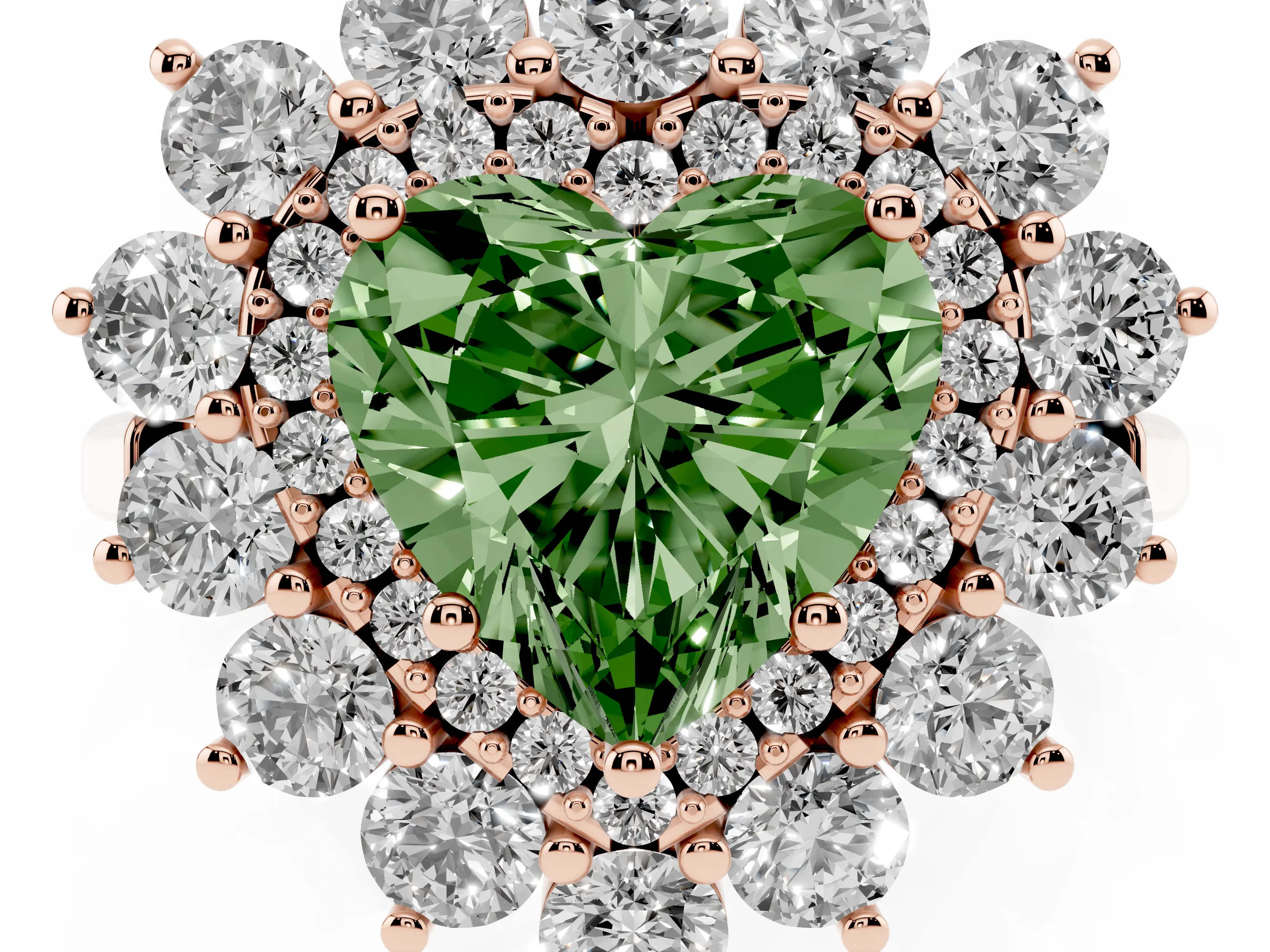 Fancy Green Heart Cut Diamond Floral Double Halo Ring Set in Rose gold with Round Petals