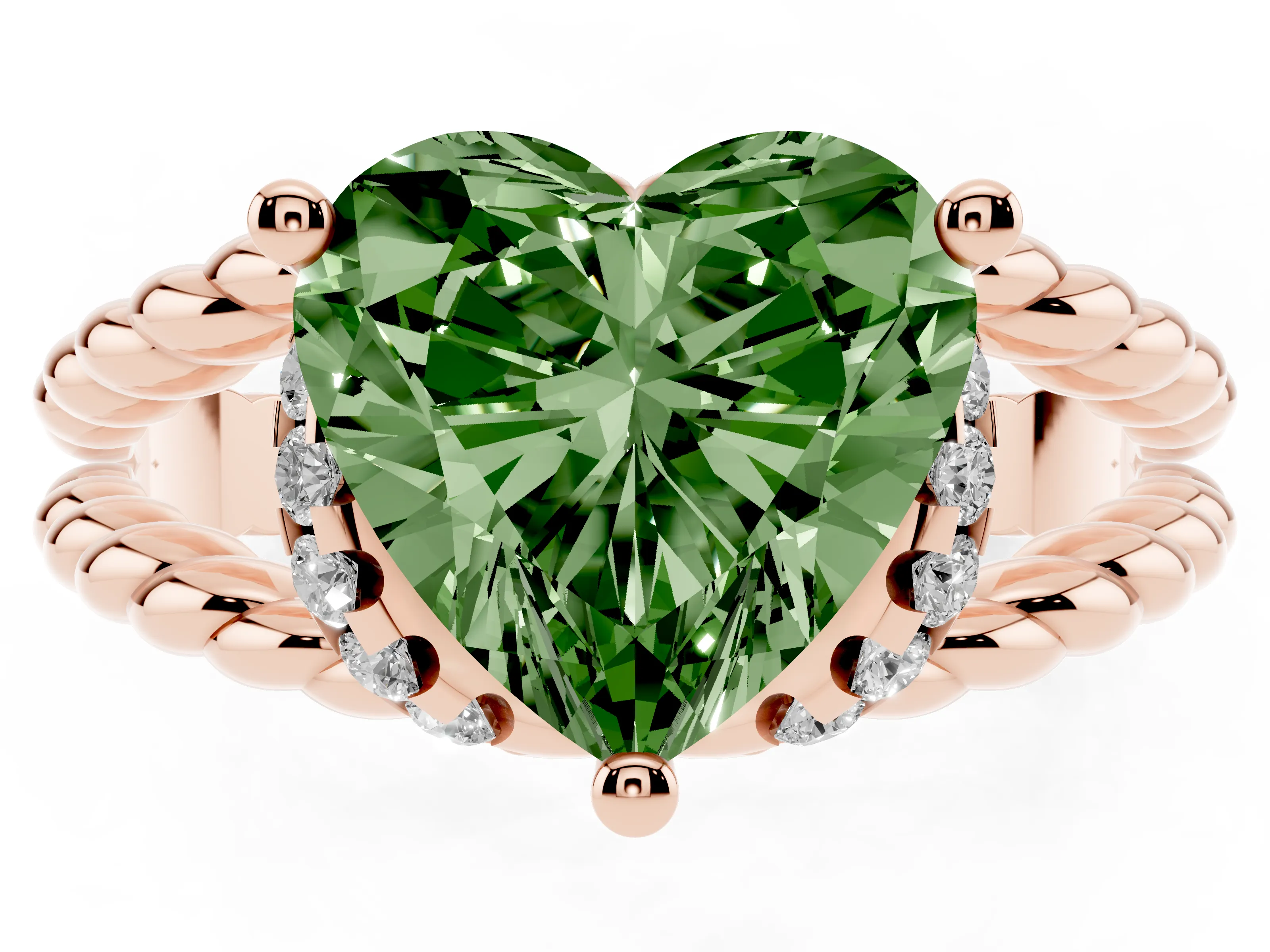 Fancy Green Heart Cut Diamond Halo Ring Set in Rose gold with Twisted Band and Prong Setting