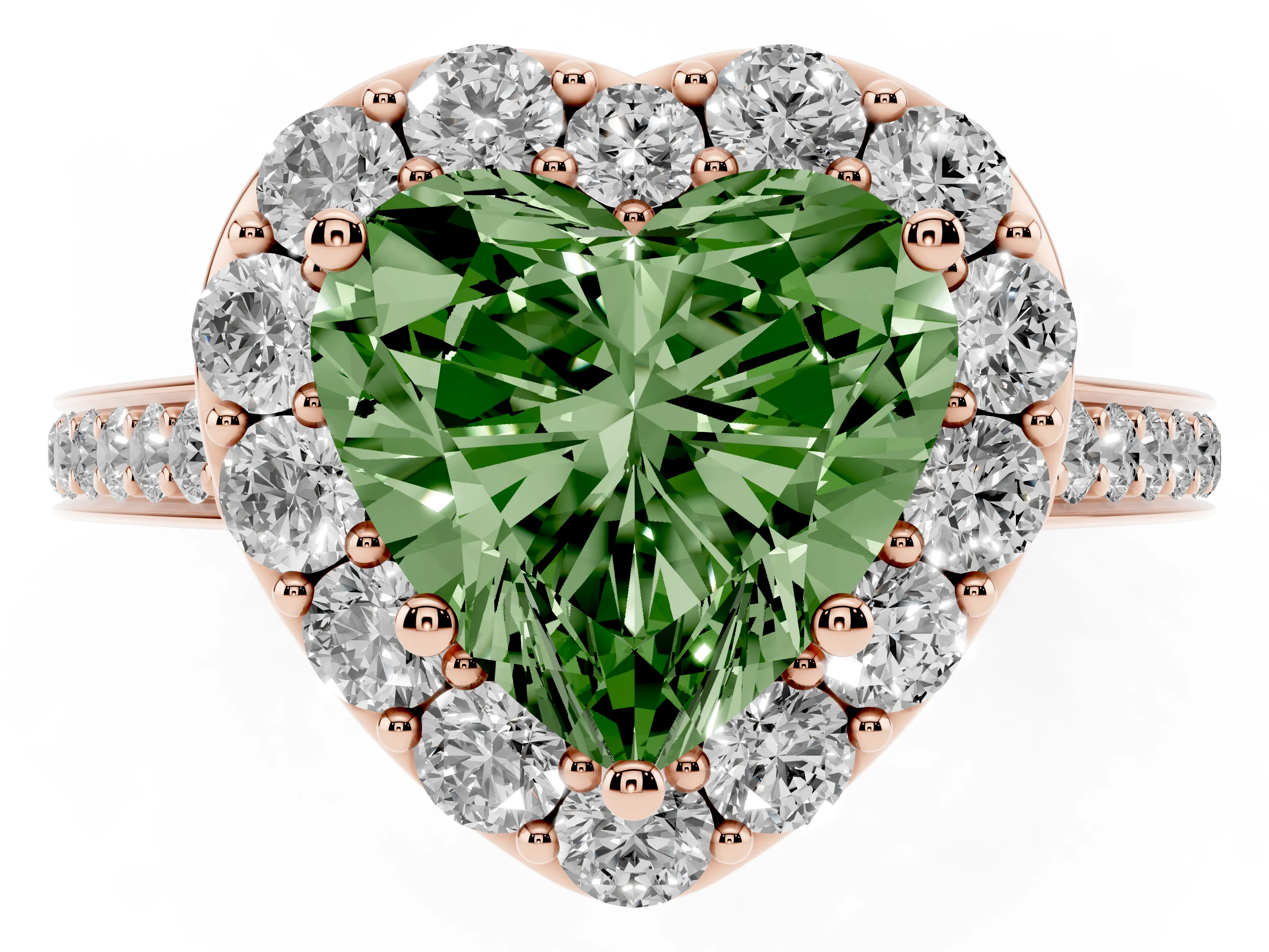 Fancy Green Heart Cut Diamond Floral Halo Ring Set in Rose gold with Pavé Band and Prong Setting