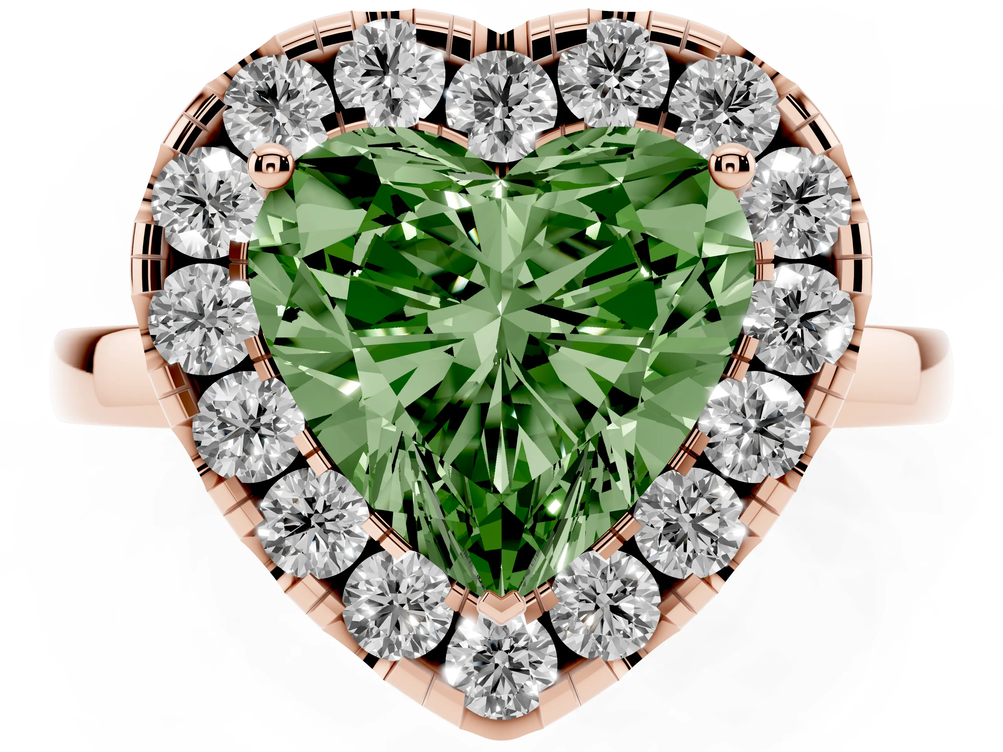 Fancy Green Heart Cut Diamond Halo Solitaire Ring Set in Rose gold with Pavé Band and Prong Setting