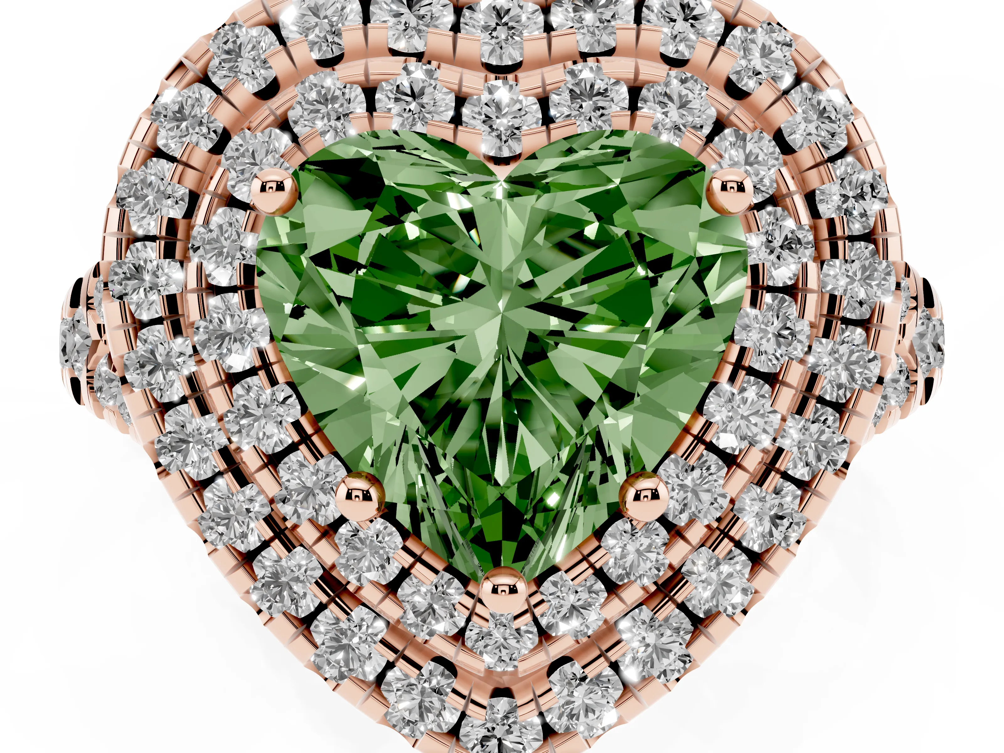 Fancy Green Heart Cut Diamond Double Halo Ring Set in Rose gold with Pavé Split Shank and Prong Setting