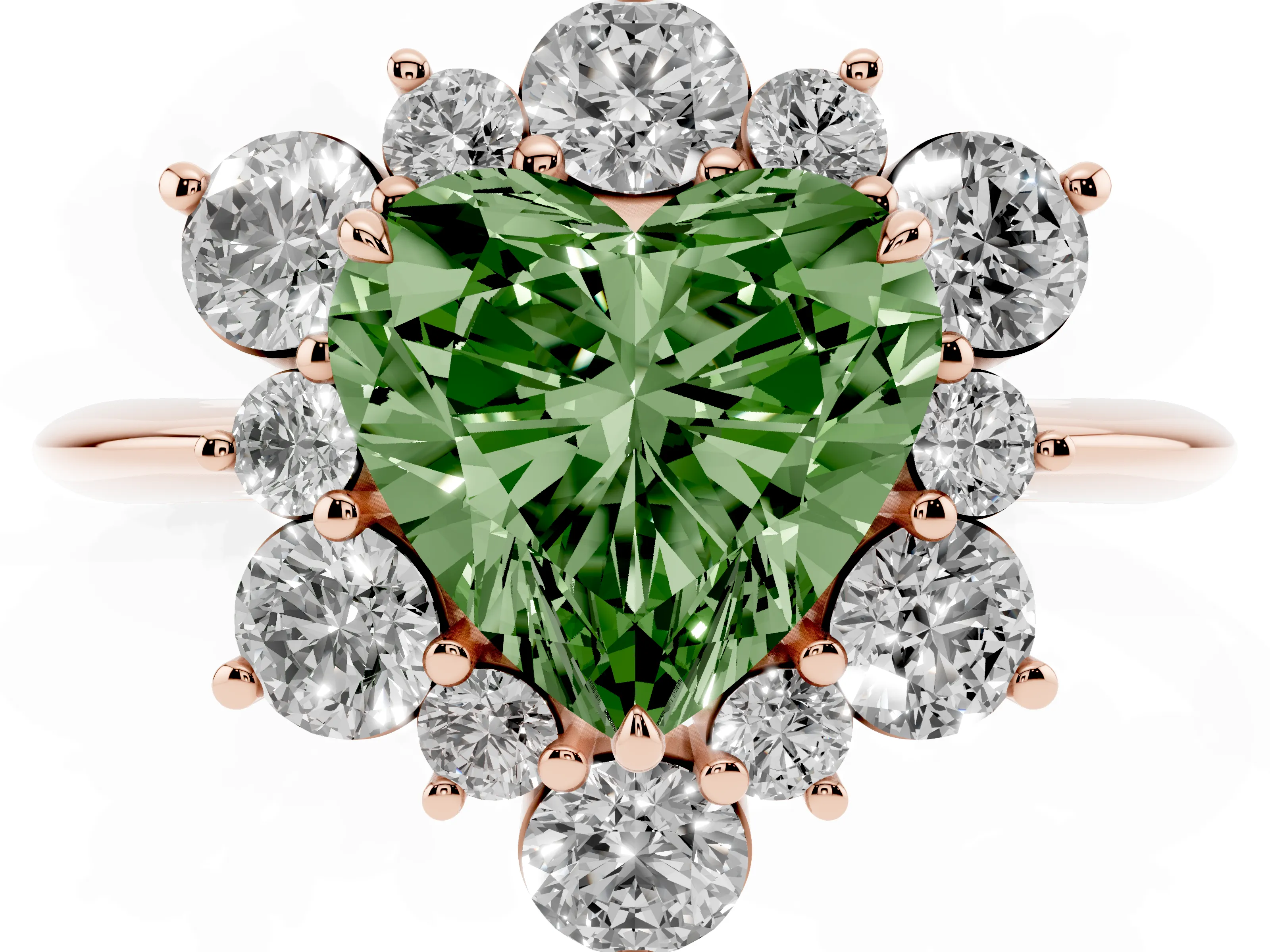 Fancy Green Heart Cut Diamond Cluster Halo Ring Set in Rose gold with Solitaire Band and Prong Setting