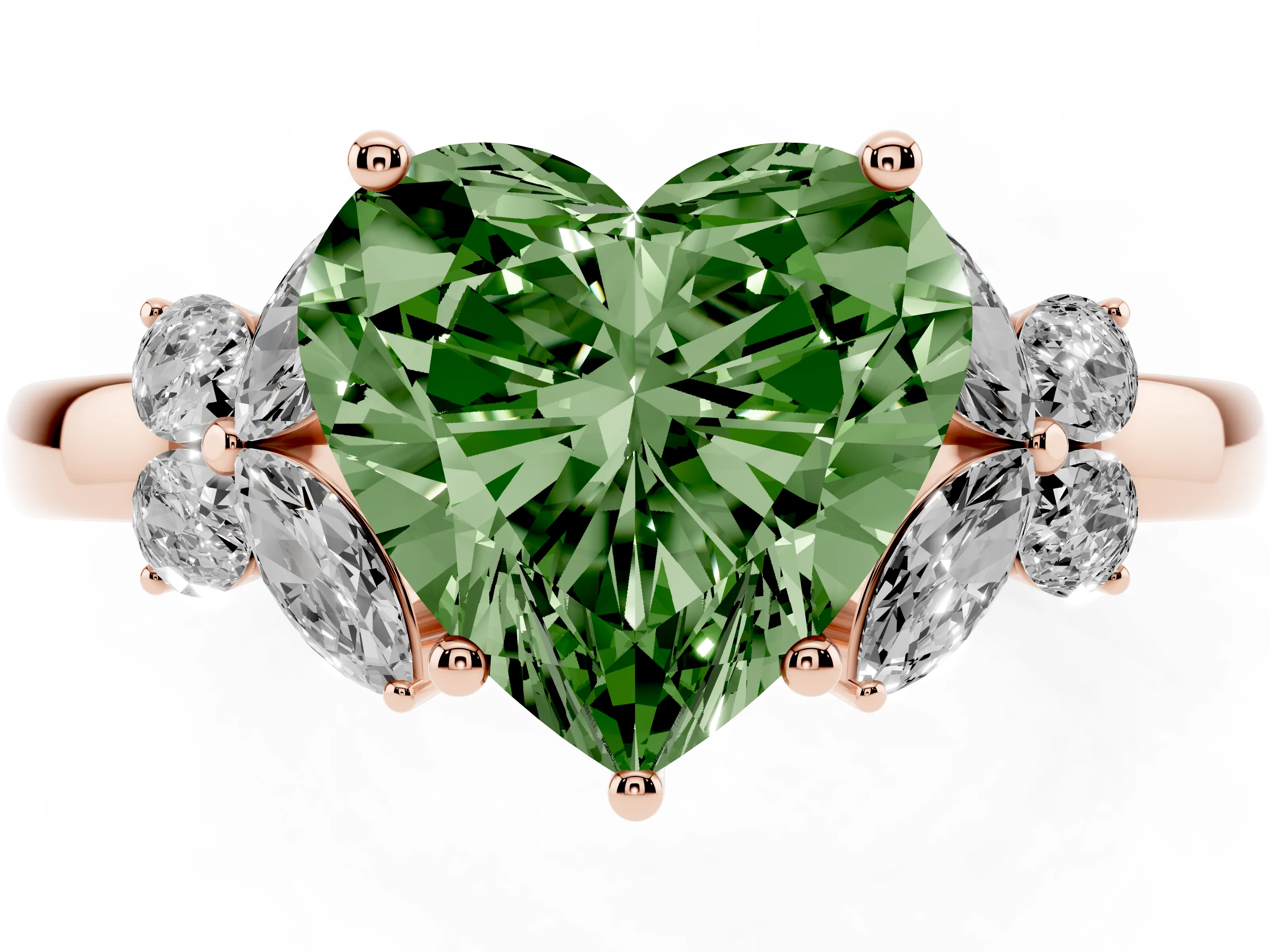 Fancy Green Heart Cut Diamond Solitaire Floral Ring Set in Rose gold with Marquise Petals and Prong Setting