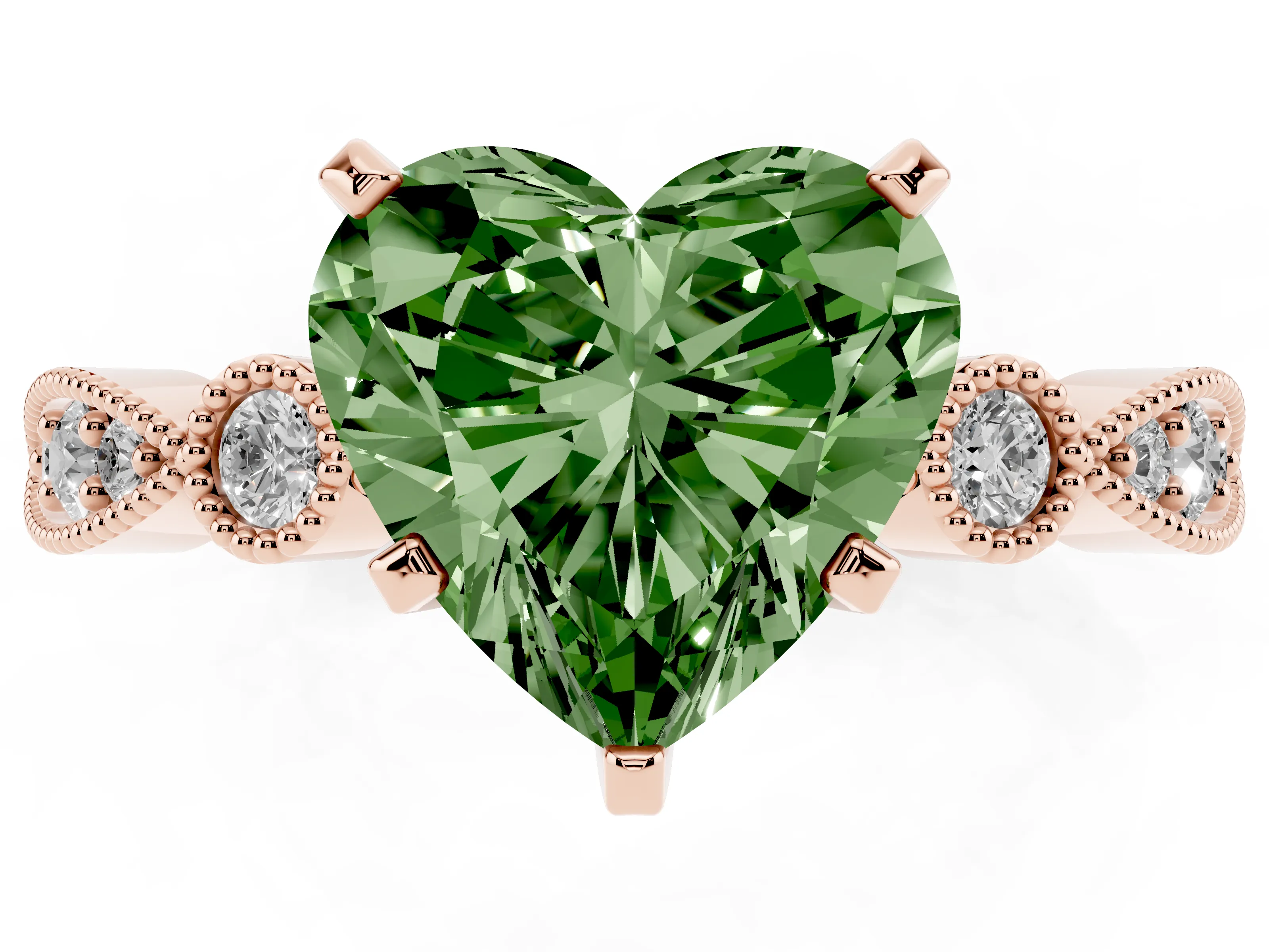 Fancy Green Heart Cut Diamond Solitaire Engagement Ring Set in Rose gold with Milgrain Bezel Accent Band