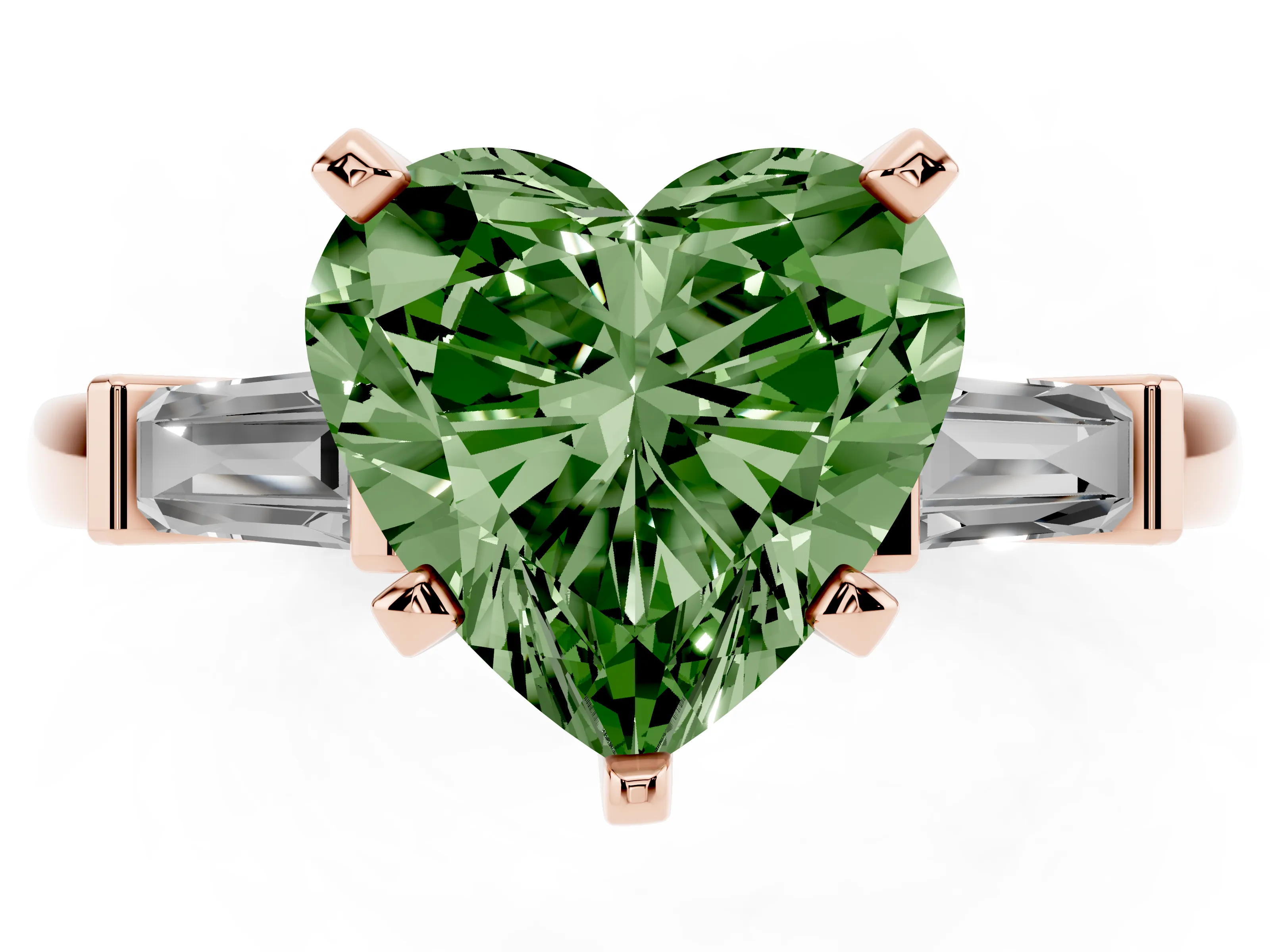 Fancy Green Heart Cut Diamond Solitaire Ring Set in Rose gold with Tapered Baguette Accents and Prong Setting