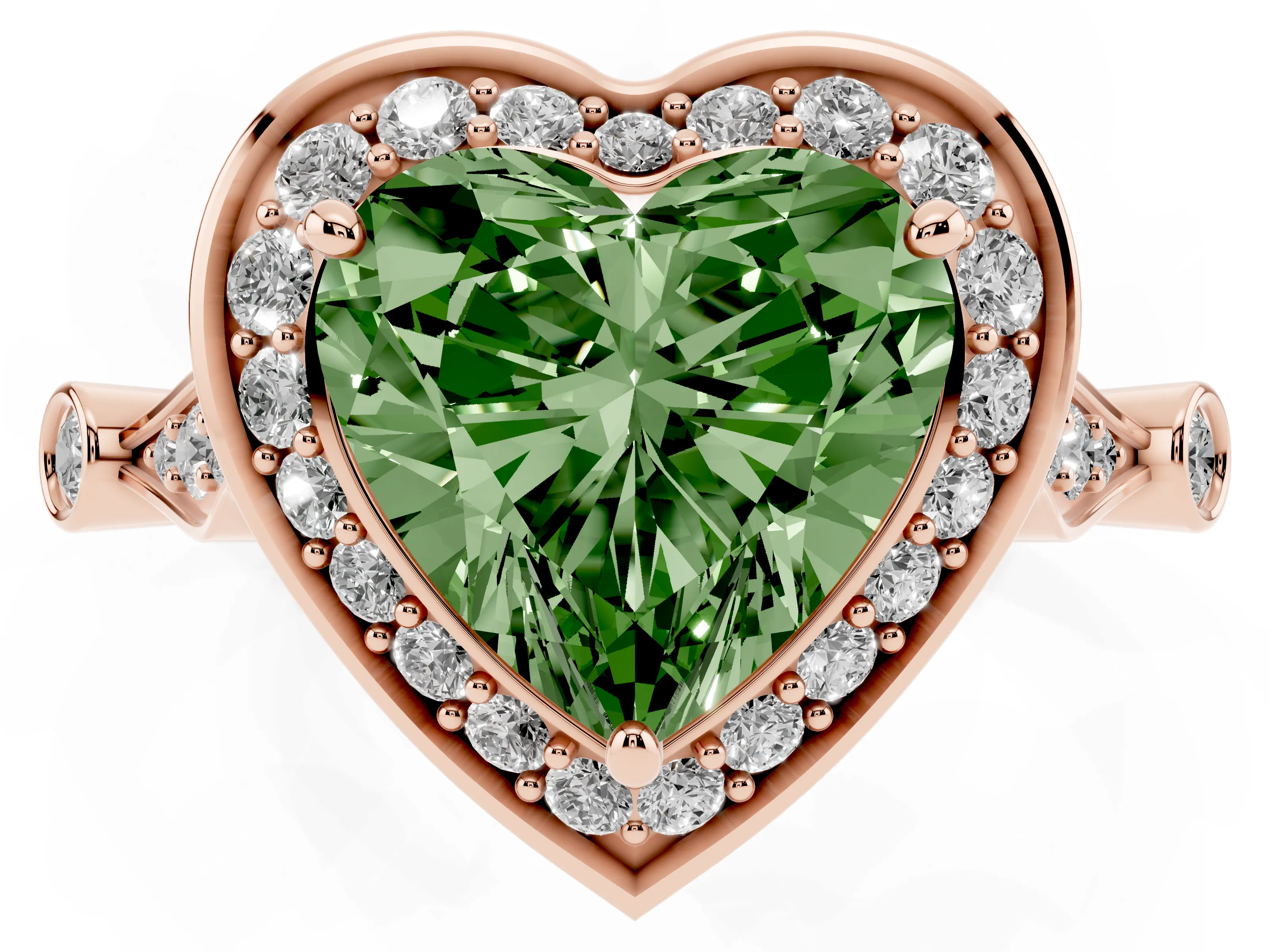 Fancy Green Heart Cut Diamond Halo Engagement Ring Set in Rose gold with Twisted Band and Prong Setting