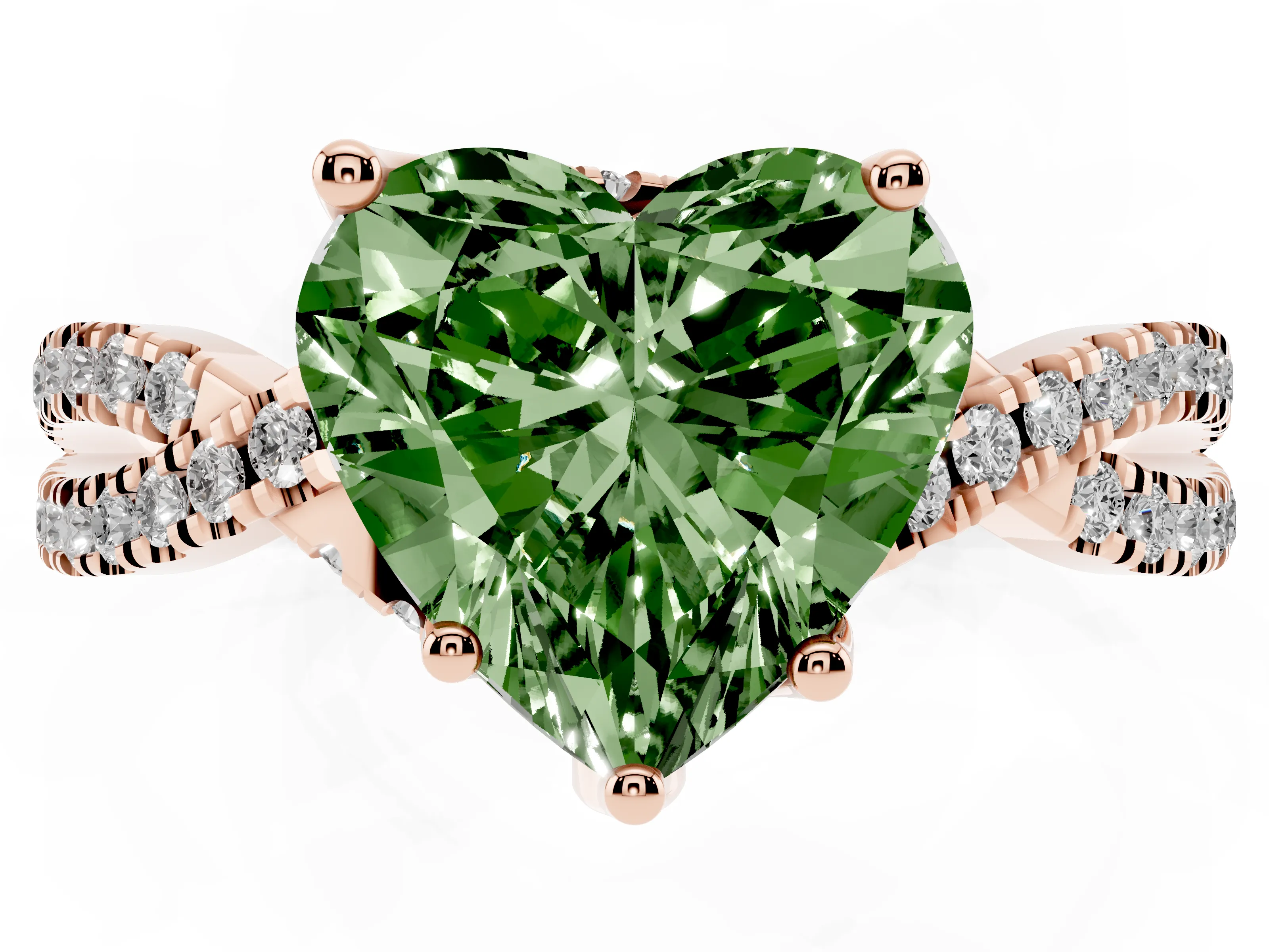 Fancy Green Heart Cut Diamond Twist Pavé Solitaire Engagement Ring Set in Rose gold with Prong Setting