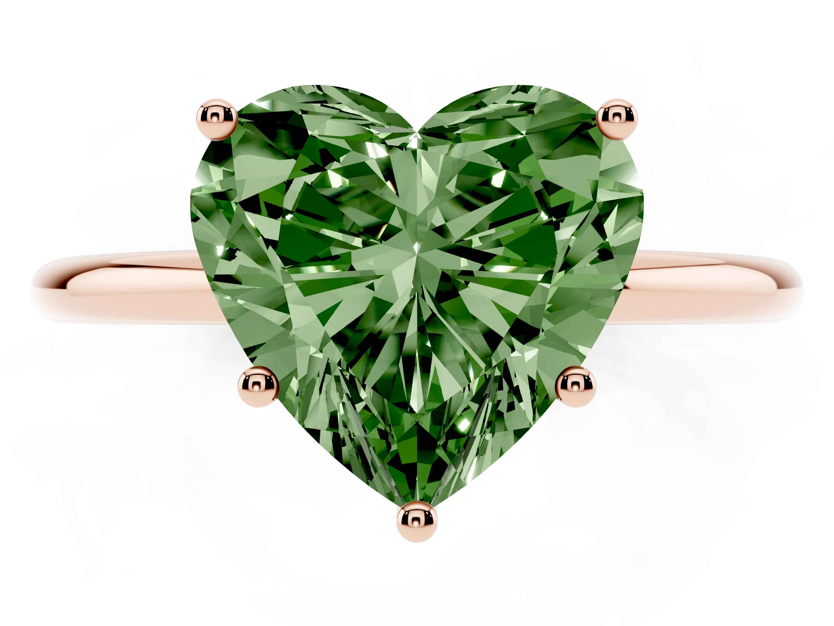 Fancy Green Heart Cut Diamond Solitaire Engagement Ring Set in Rose gold with Thin Band and Prong Setting