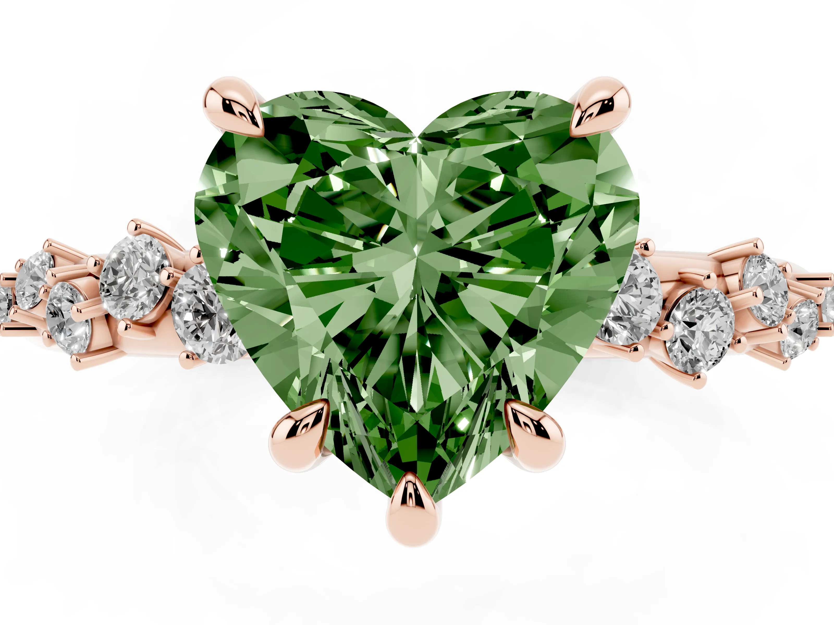 Fancy Green Heart Cut Diamond Solitaire Vine Band Ring Set in Rose gold with Round Accents and Prong Setting