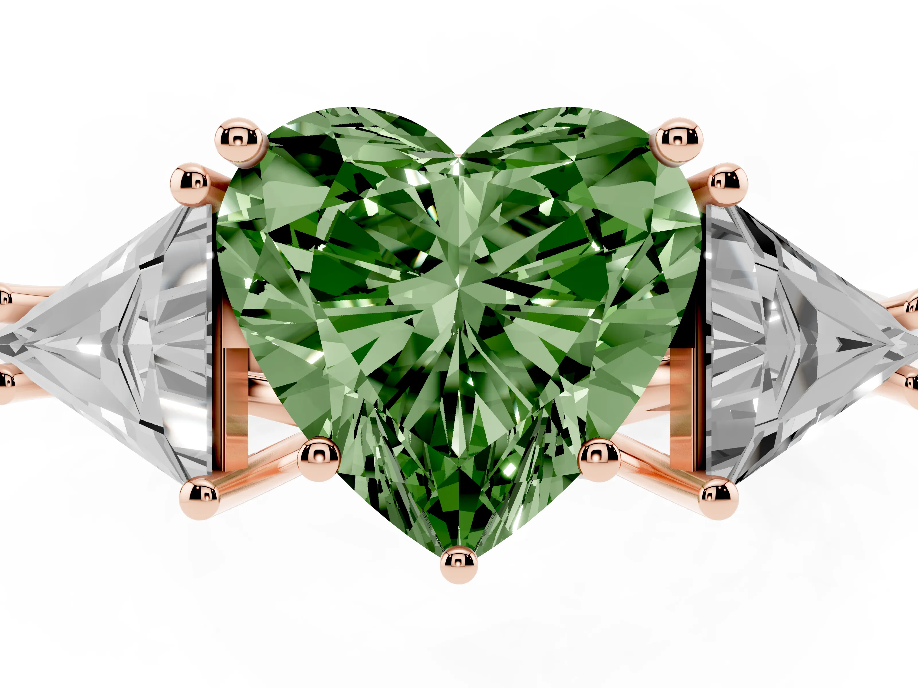 Fancy Green Heart Cut Diamond Three-Stone Engagement Ring Set in Rose gold with Trillion Side Stones