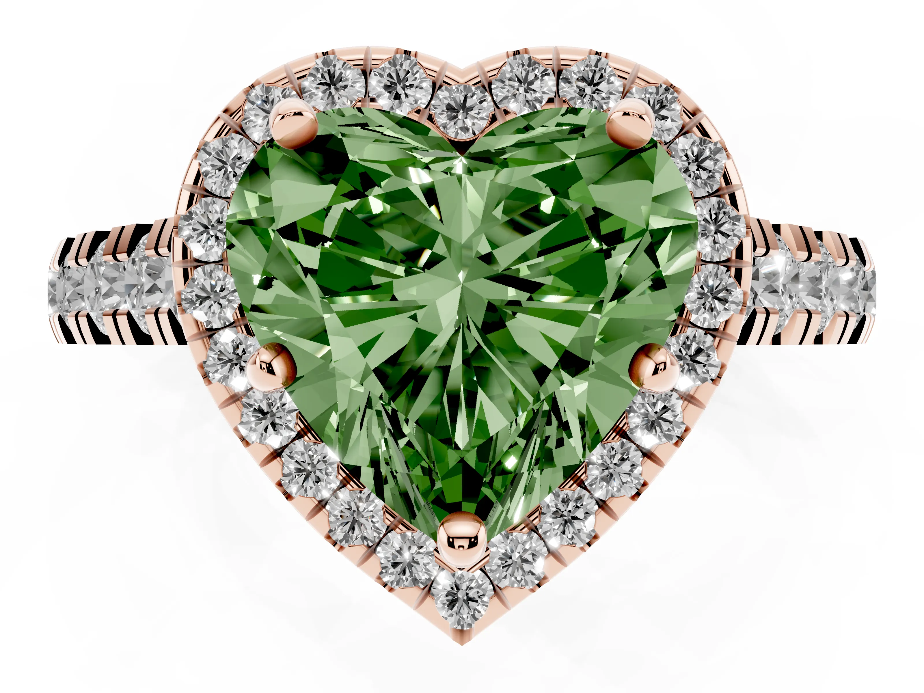 Fancy Green Heart Cut Diamond Halo Engagement Ring Set in Rose gold with Pavé Band and Prong-Set Center