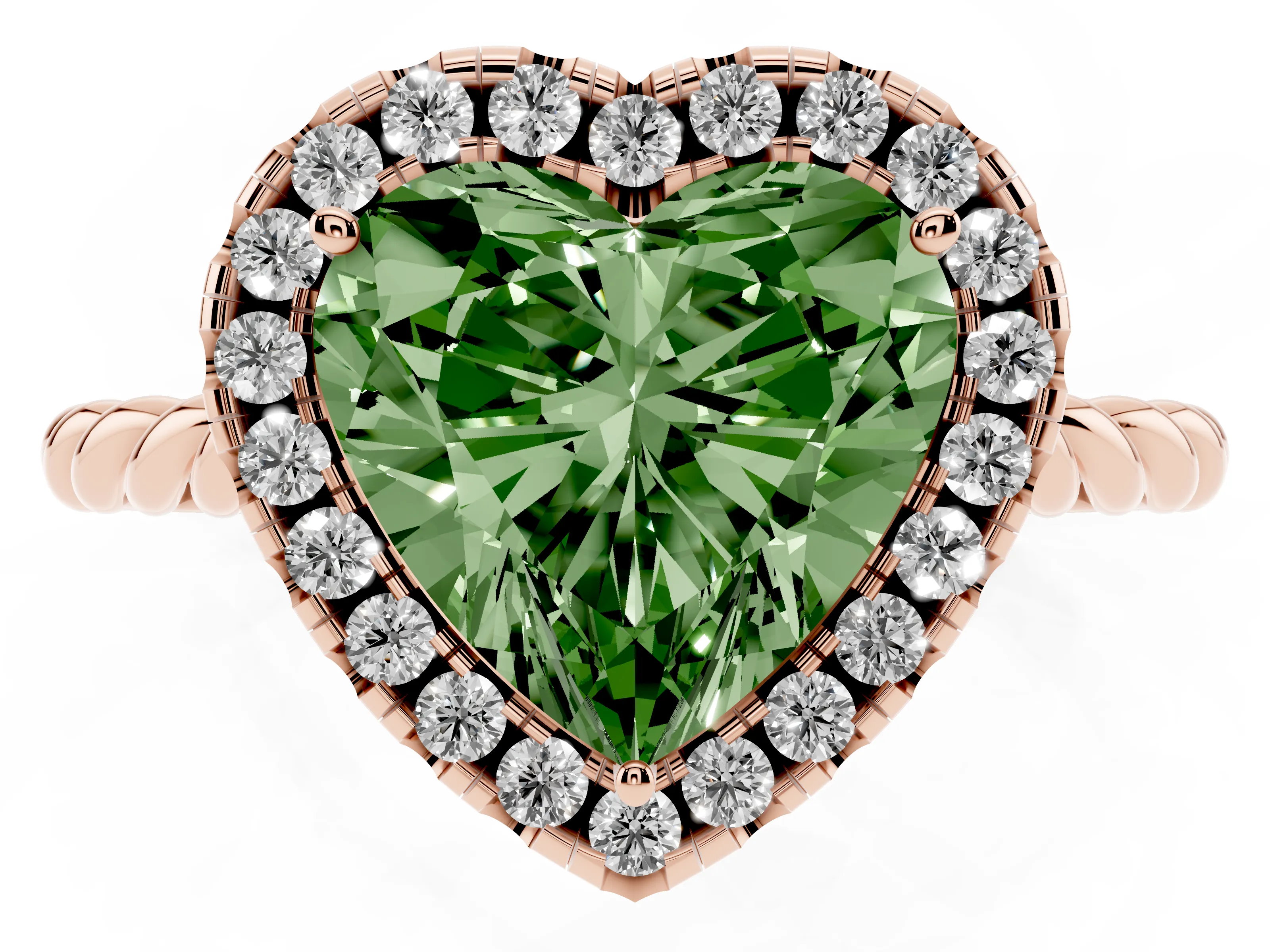 Fancy Green Heart Cut Diamond Halo Ring Set in Rose gold with Plain Twisted Band