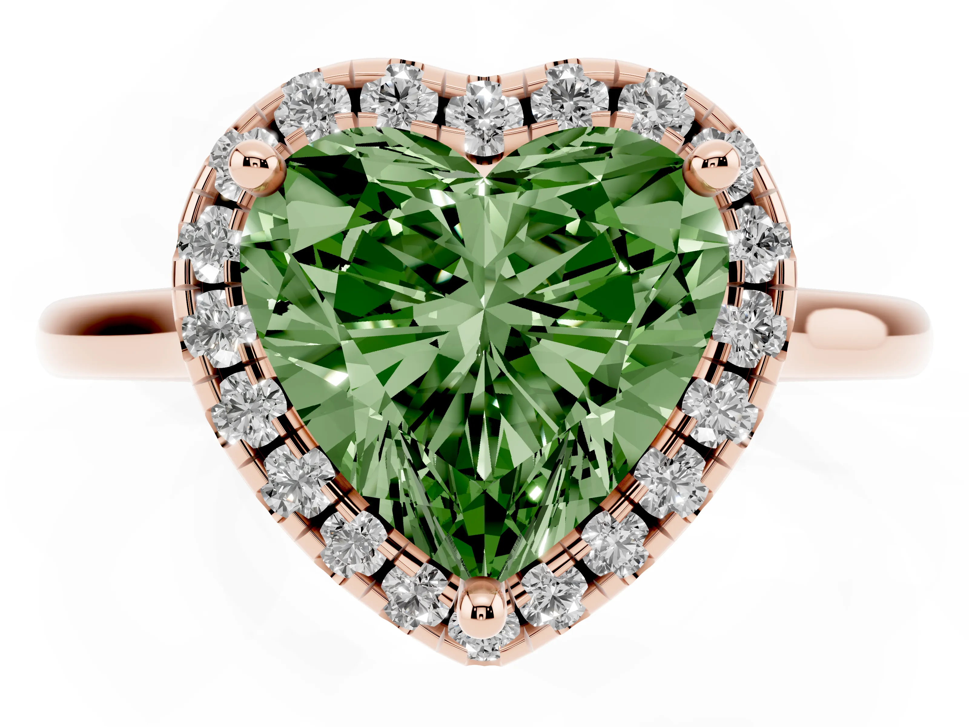 Fancy Green Heart Cut Diamond Halo Engagement Ring Set in Rose gold with Pavé Band and Rising Shoulders
