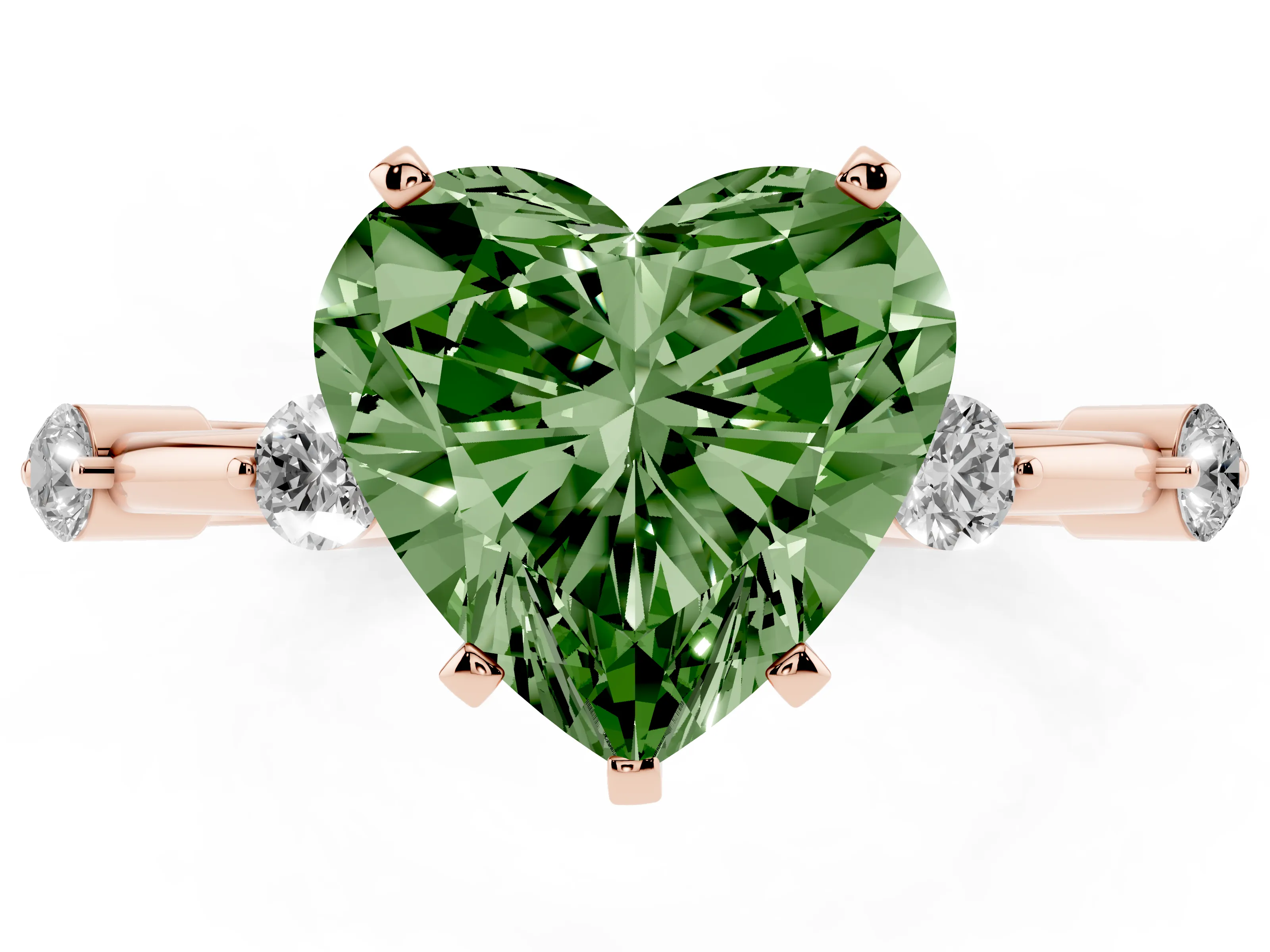 Fancy Green Heart Cut Diamond Solitaire Ring Set in Rose gold with Bezel Set Side Stones and Prong Setting