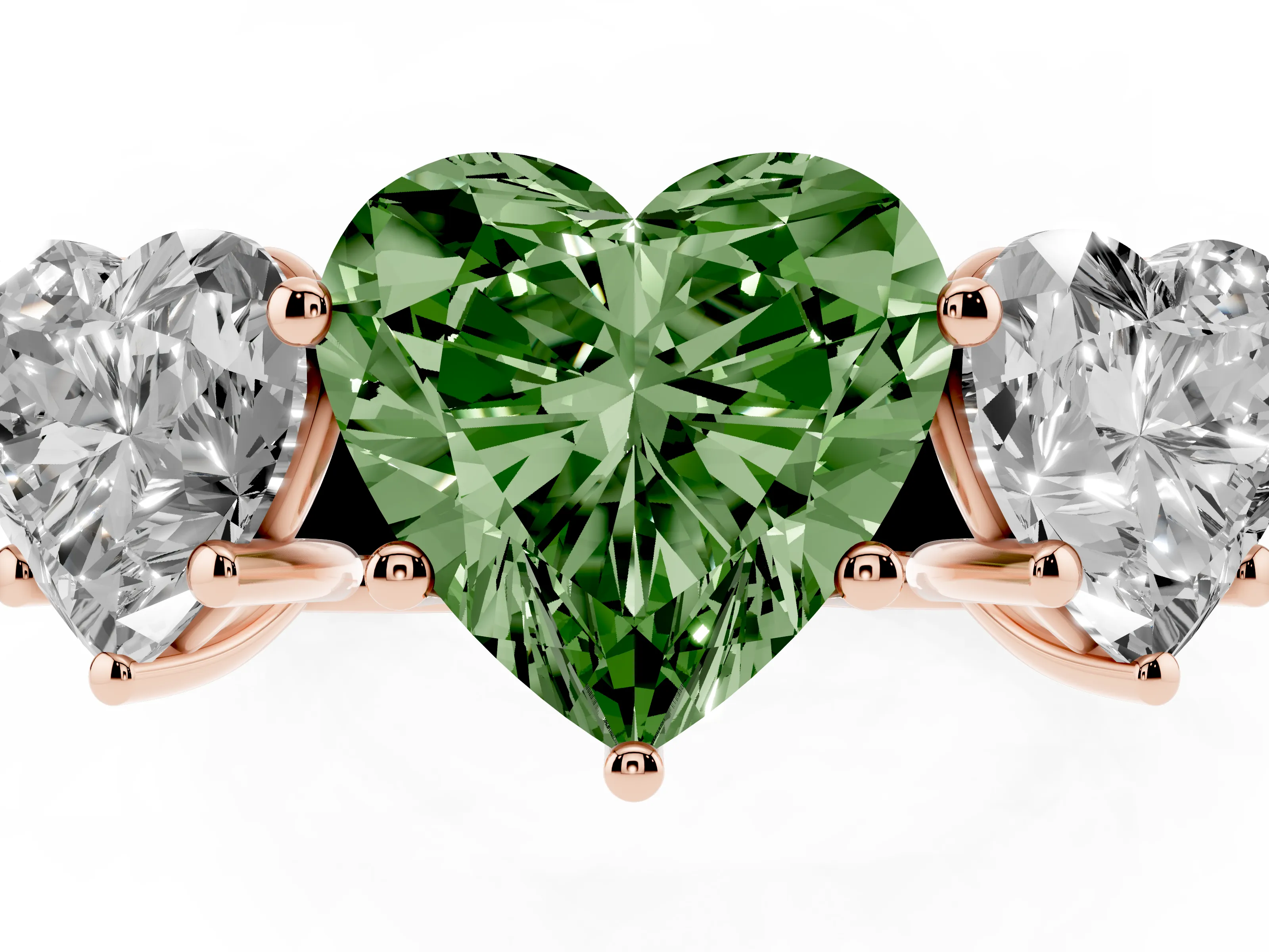 Fancy Green Heart Cut Diamond Three-Stone Ring Set in Rose gold with Plain Polished Band