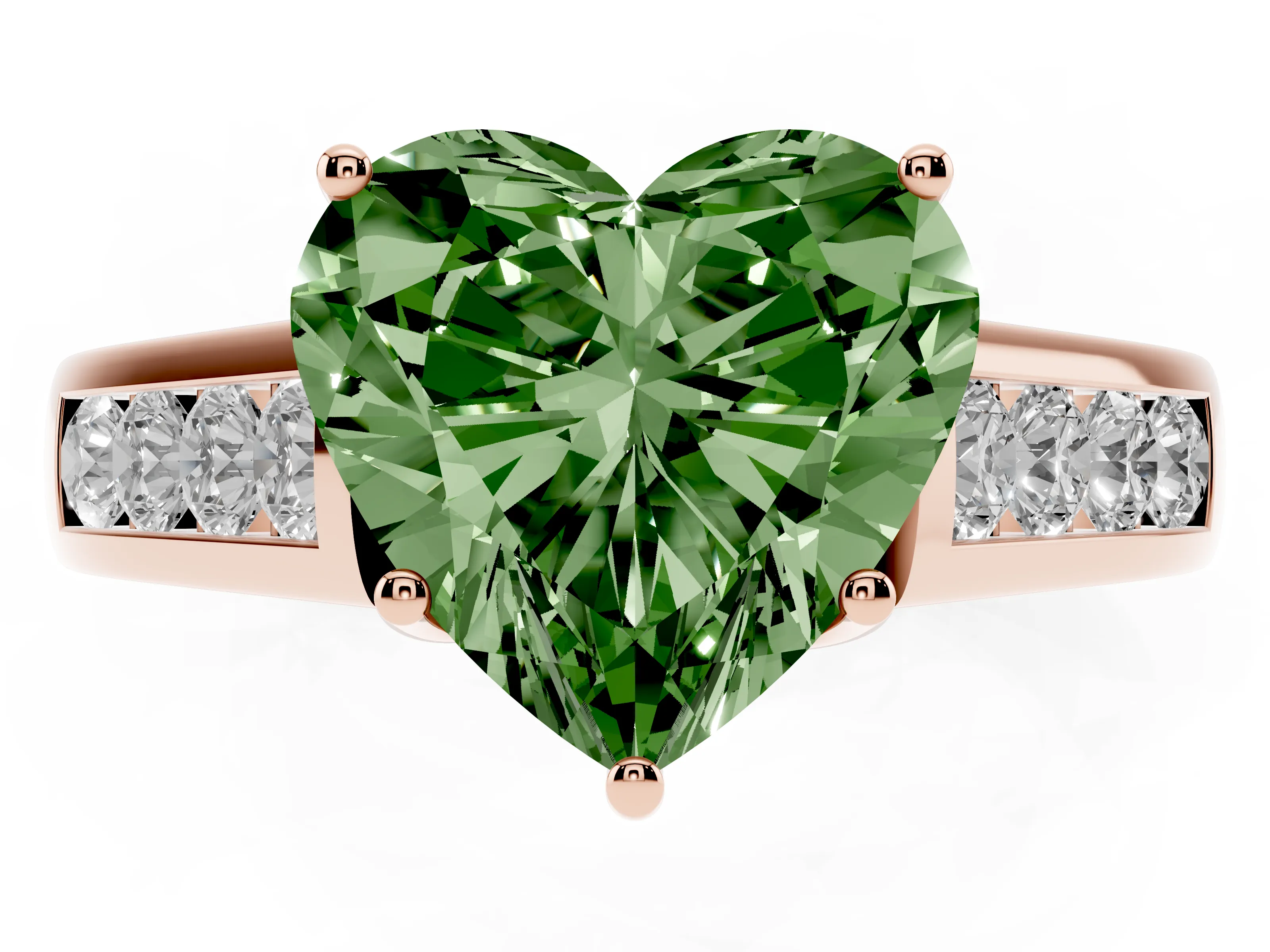 Fancy Green Heart Cut Diamond Solitaire Channel-Set Engagement Ring Set in Rose gold with Prong Setting