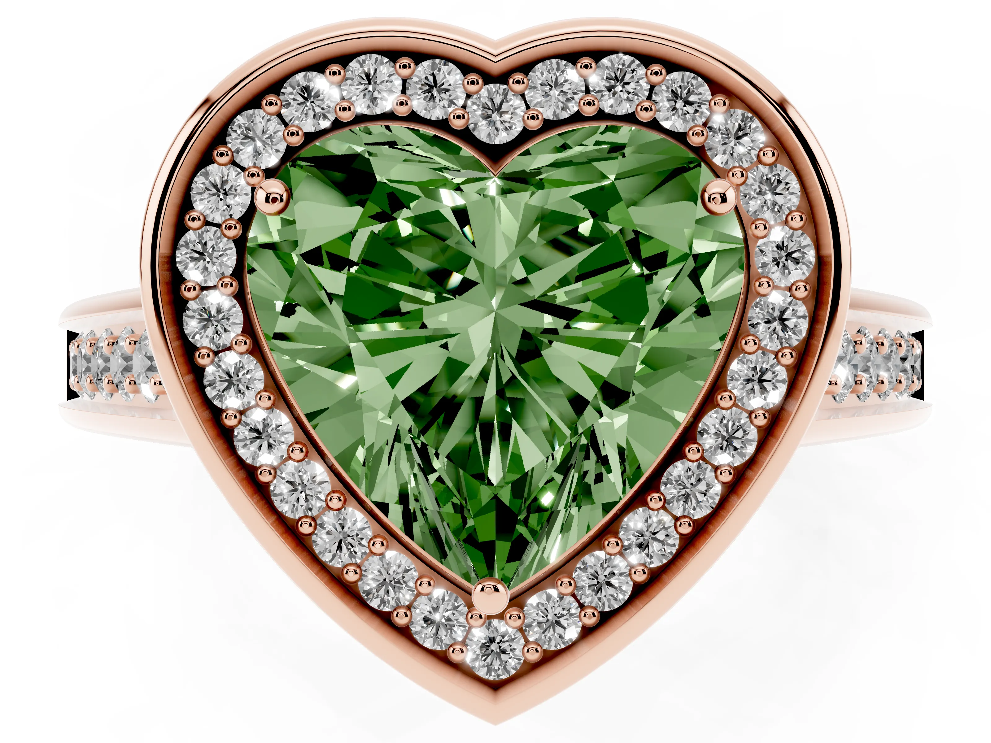 Fancy Green Heart Cut Diamond Halo Solitaire Ring Set in Rose gold with Pavé Band and Bezel Setting