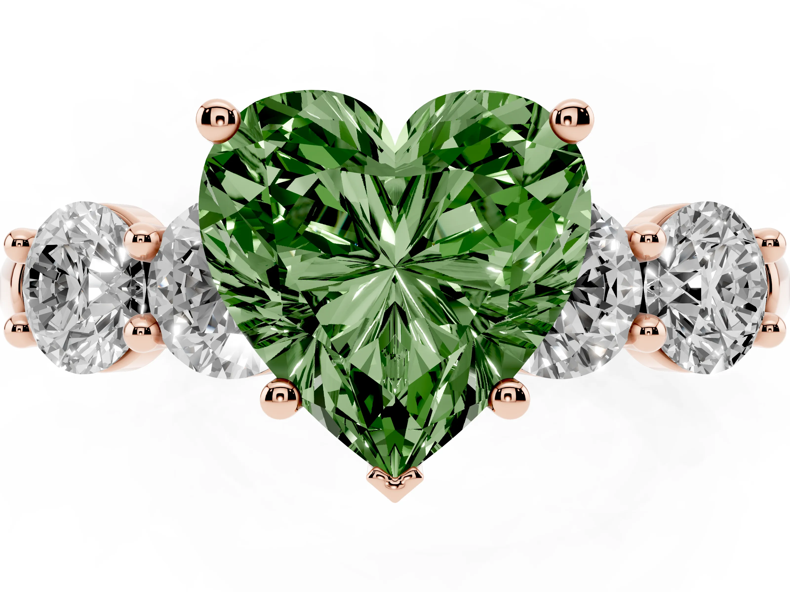 Fancy Green Heart Cut Diamond Five-Stone Prong Set Ring Set in Rose gold with Classic Band