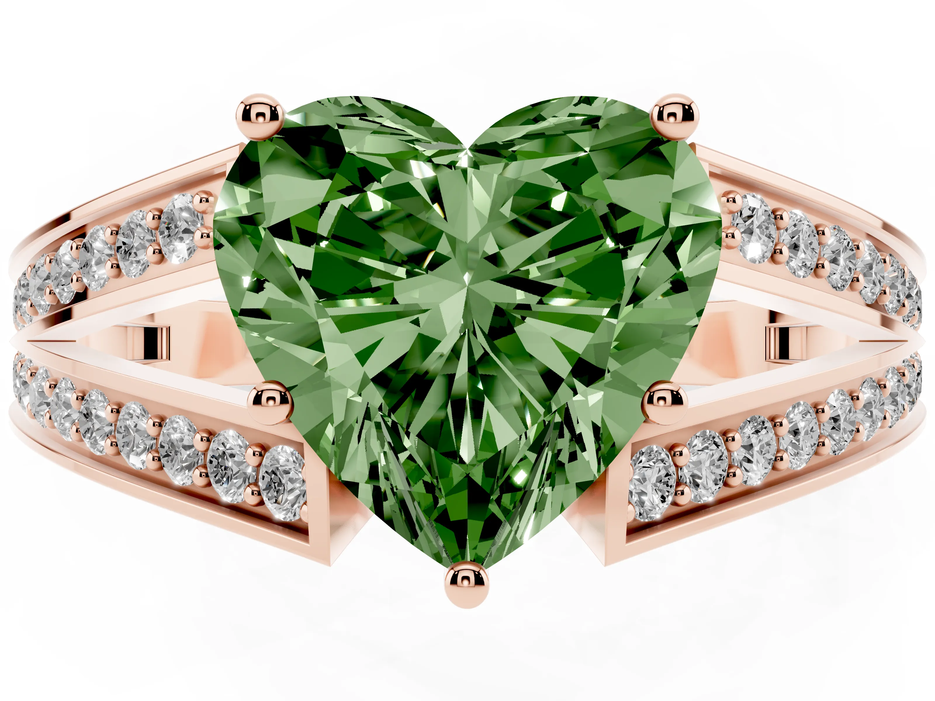 Fancy Green Heart Cut Diamond Split Shank Ring Set in Rose gold with Pavé Band and Prong Setting