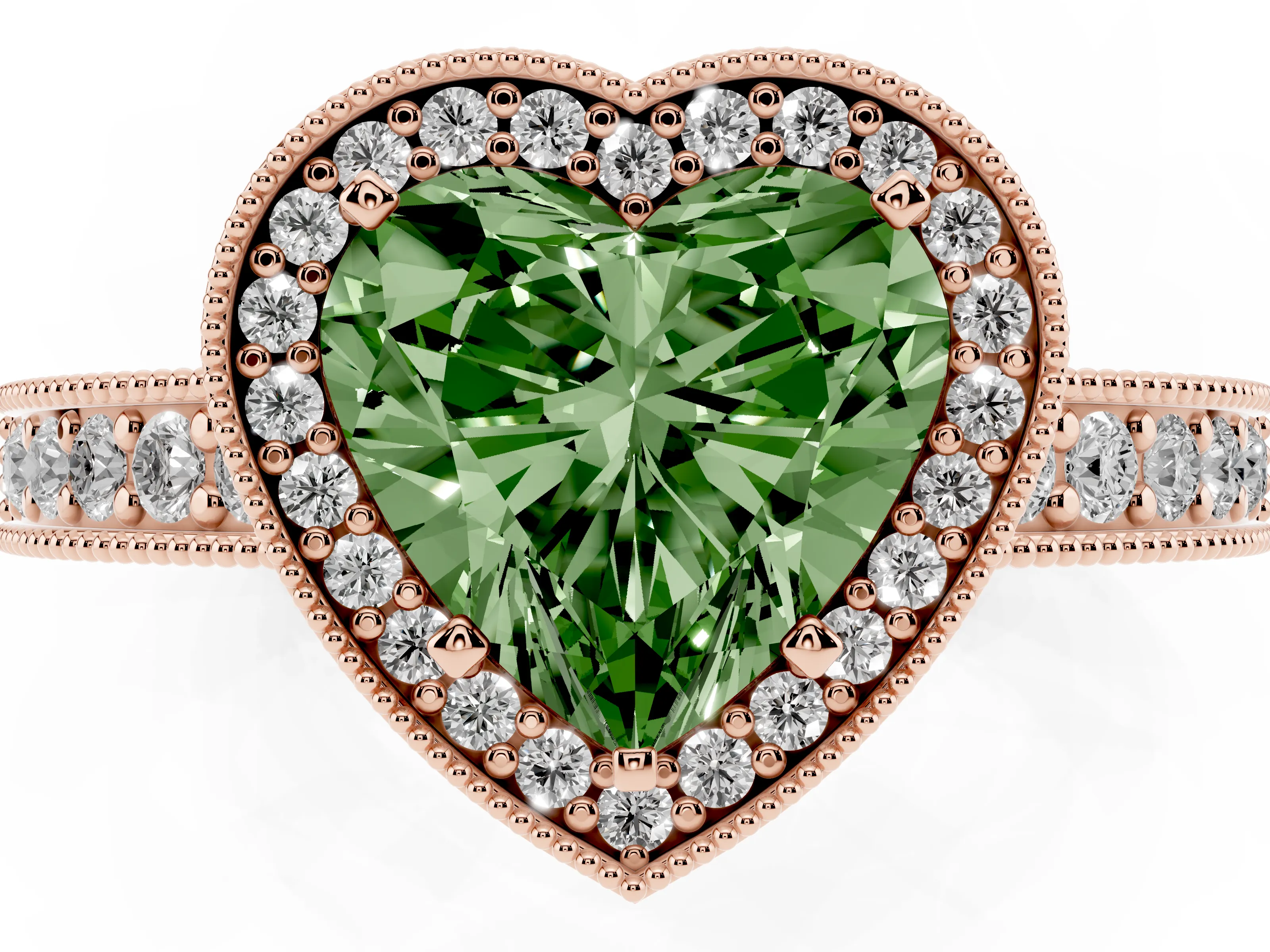 Fancy Green Heart Cut Diamond Halo Pavé Band Ring Set in Rose gold with Prong-Set Center