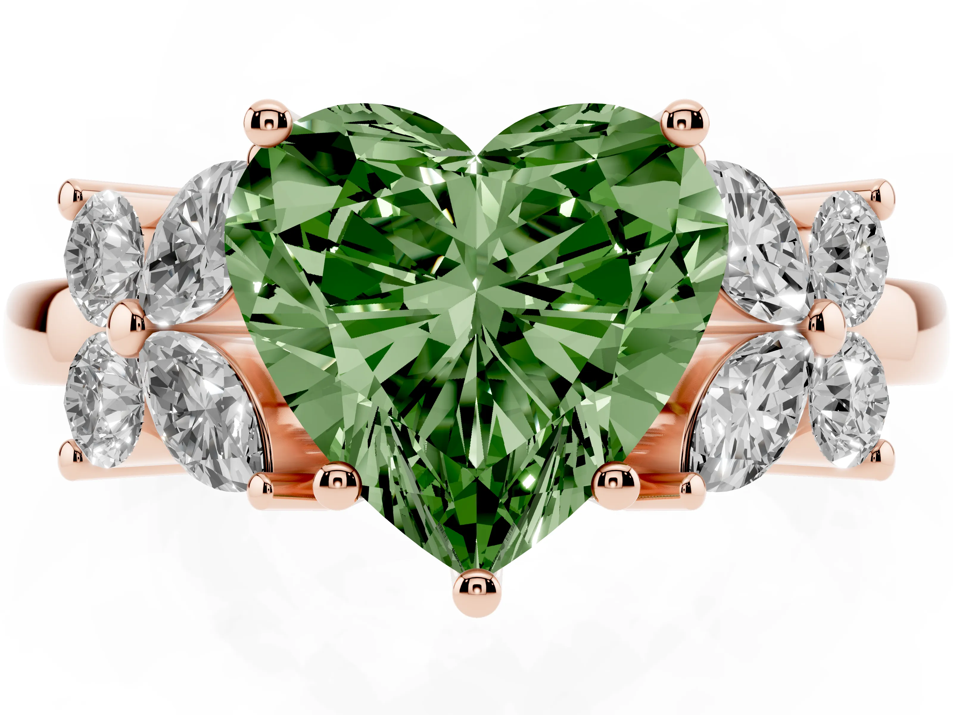 Fancy Green Heart Cut Diamond Floral Cluster Ring Set in Rose gold with Marquise Petals and Prong Setting