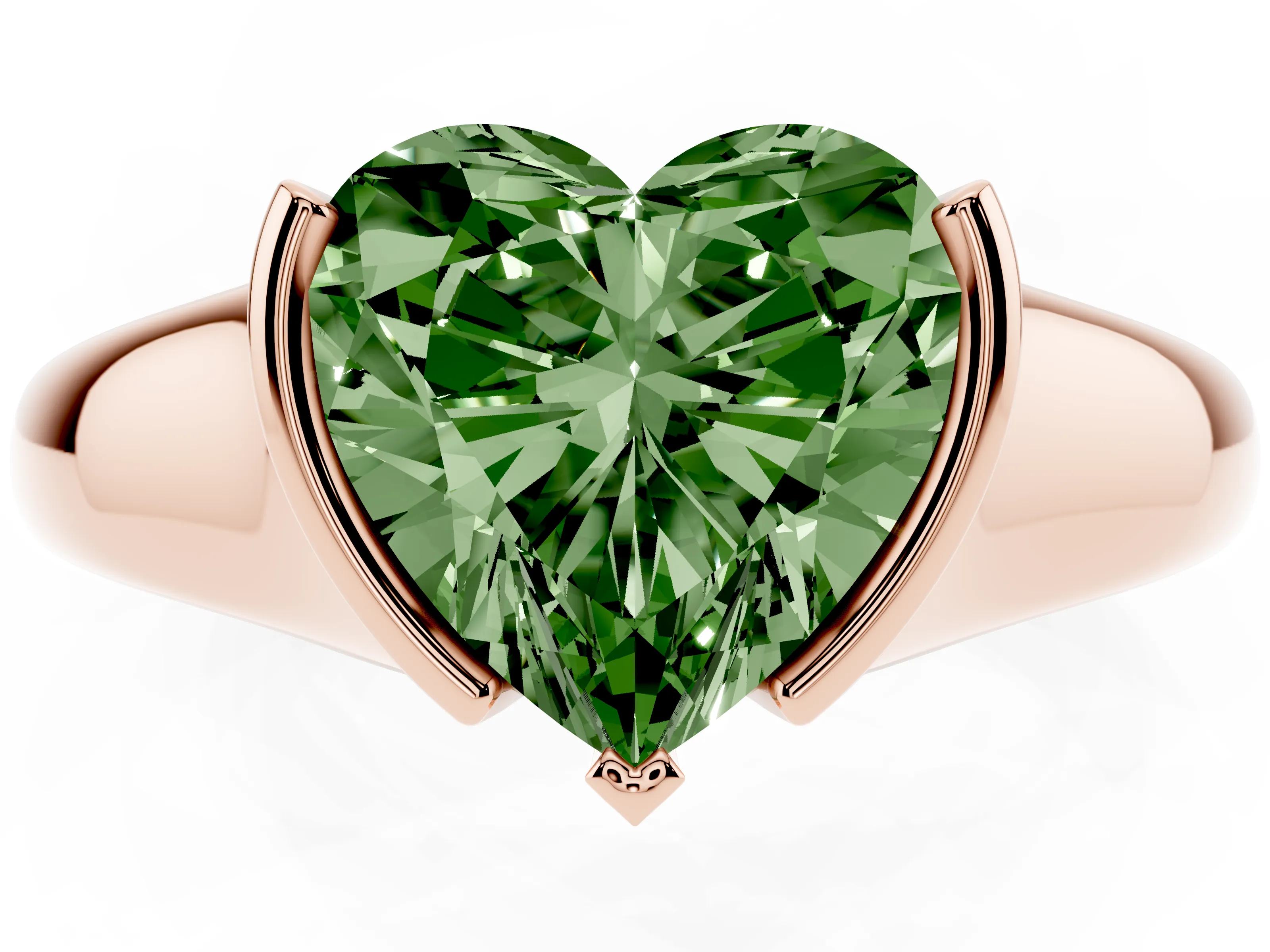Fancy Green Heart Cut Diamond Solitaire Tension Set Ring Set in Rose gold with Split Shank Band