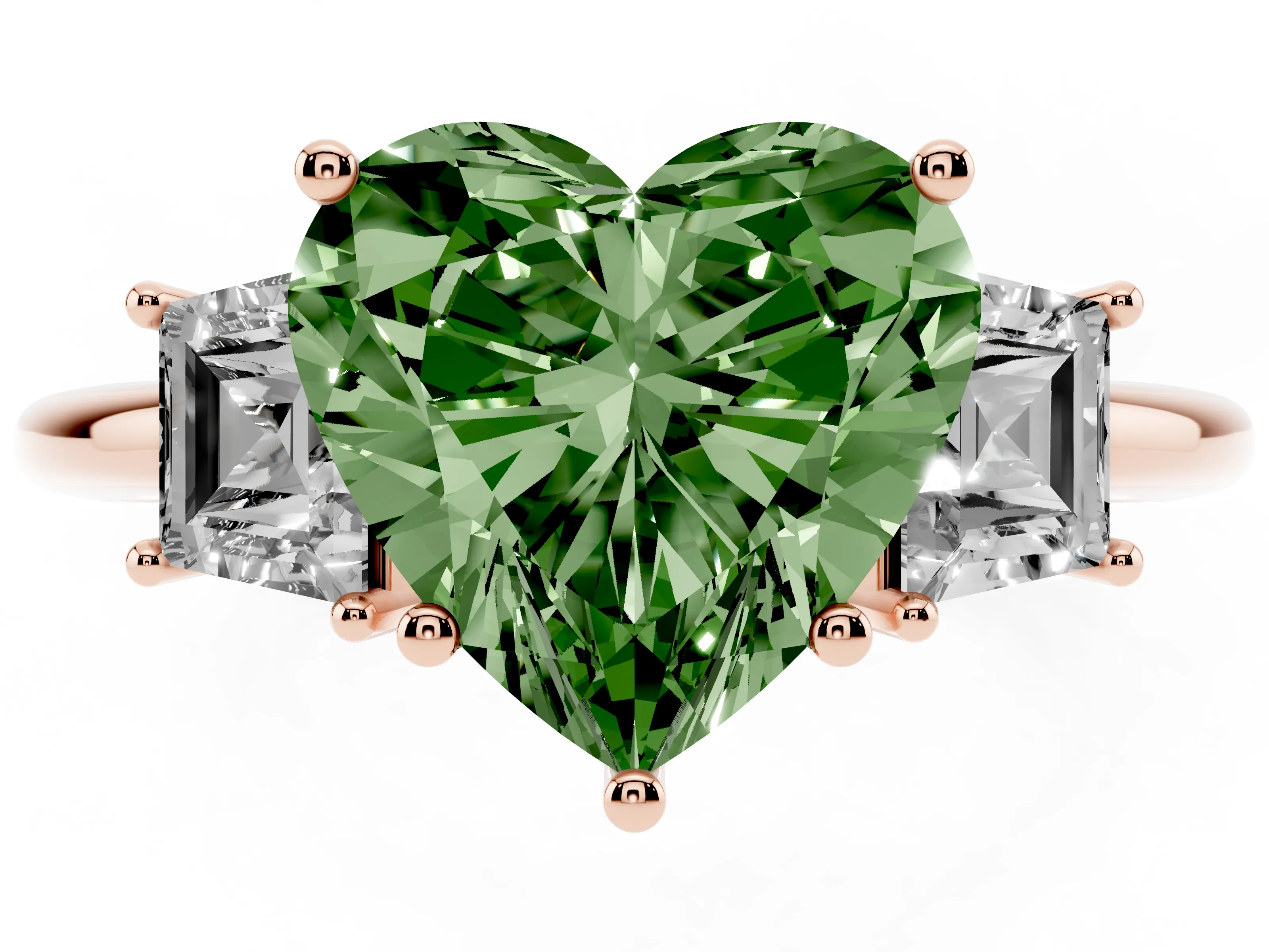 Fancy Green Heart Cut Diamond Three-Stone Ring Set in Rose gold with Trapezoid Side Stones and Prong Setting
