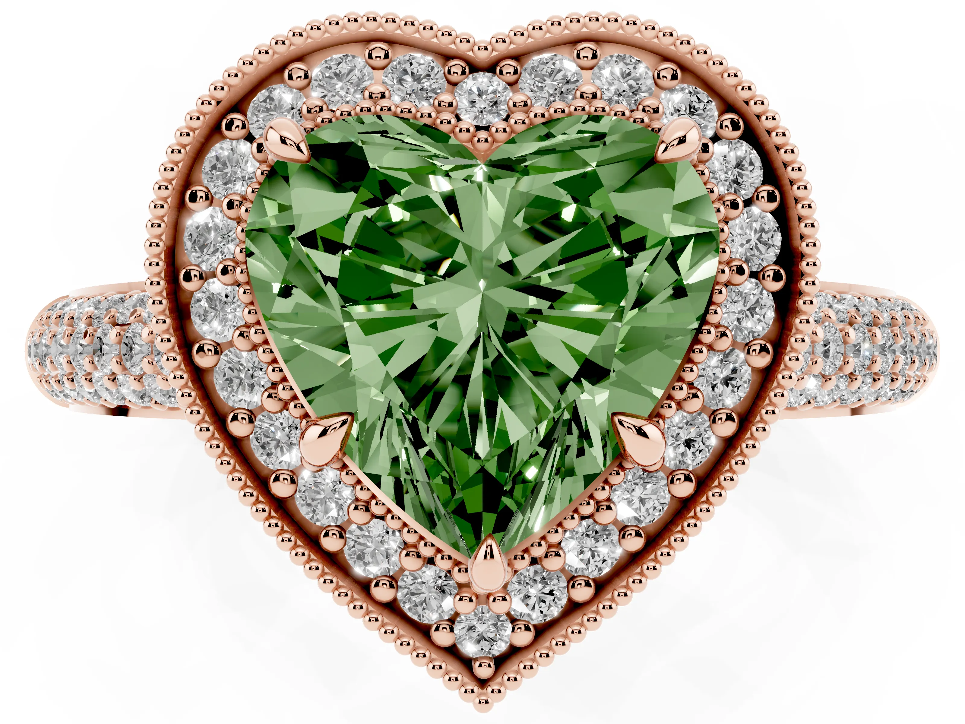 Fancy Green Heart Cut Diamond Halo Pavé Band Set in Rose gold with Prong Setting