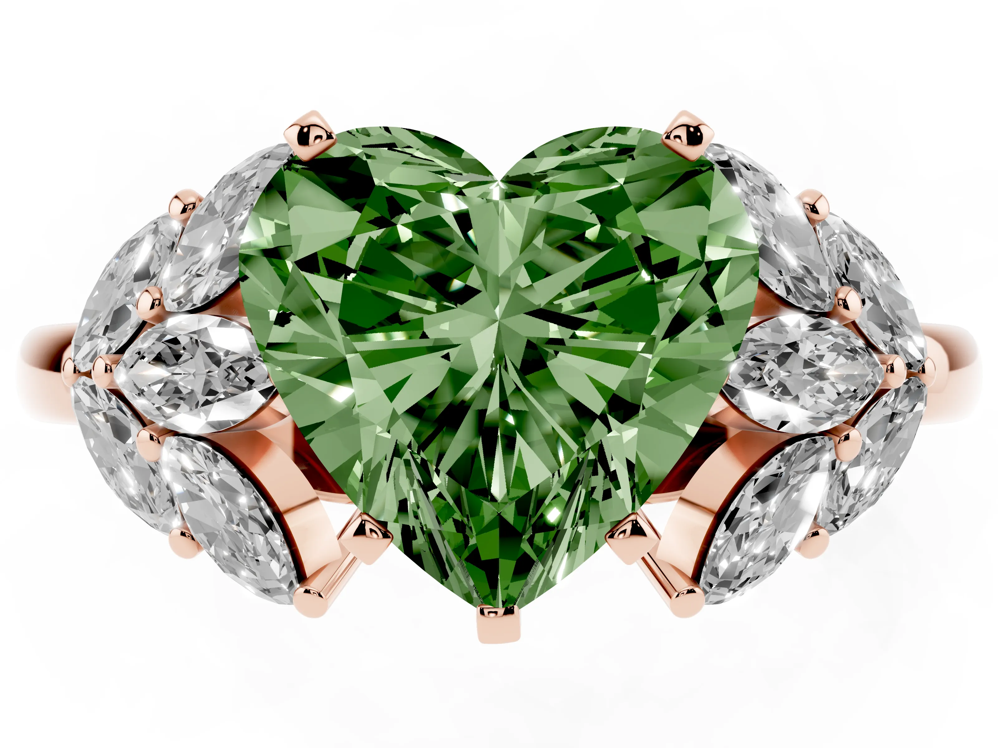 Fancy Green Heart Cut Diamond Cluster Leaf Design Ring Set in Rose gold with Prong Setting