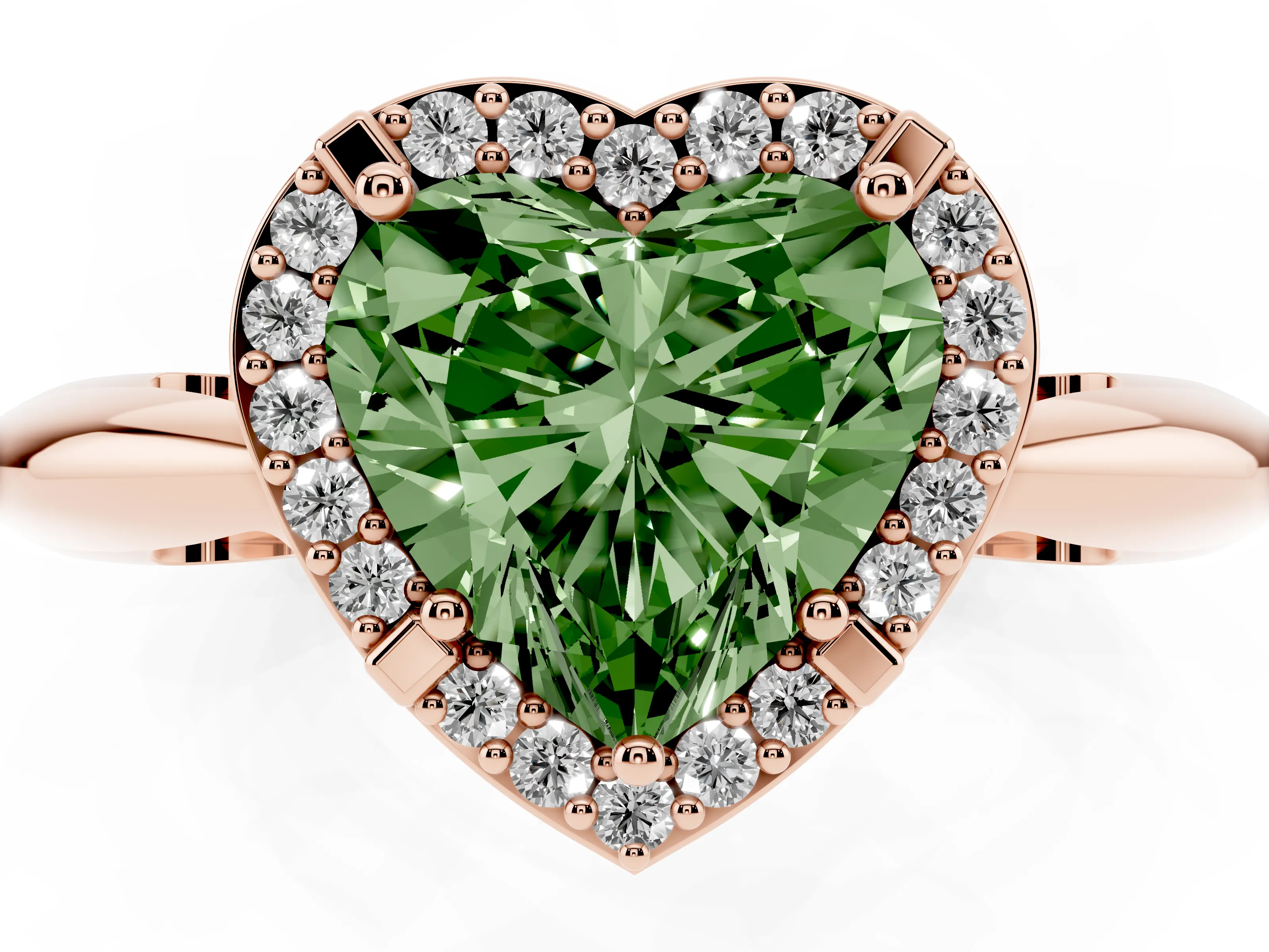 Fancy Green Heart Cut Diamond Halo Engagement Ring Set in Rose gold with Plain Split Shank and Prong Setting