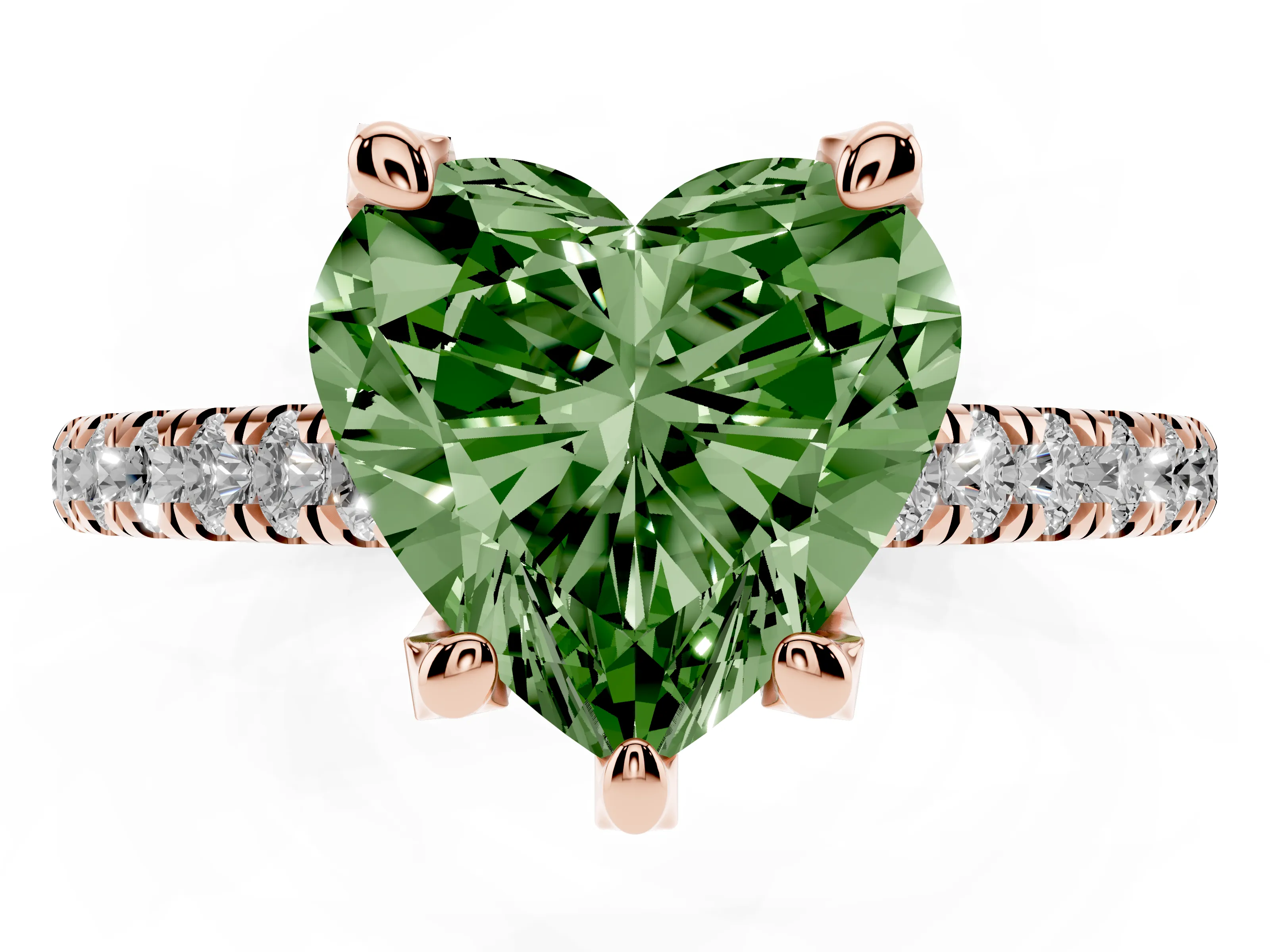 Fancy Green Heart Cut Diamond Solitaire Ring Set in Rose gold with Brilliant Pavé Band and Prong Setting
