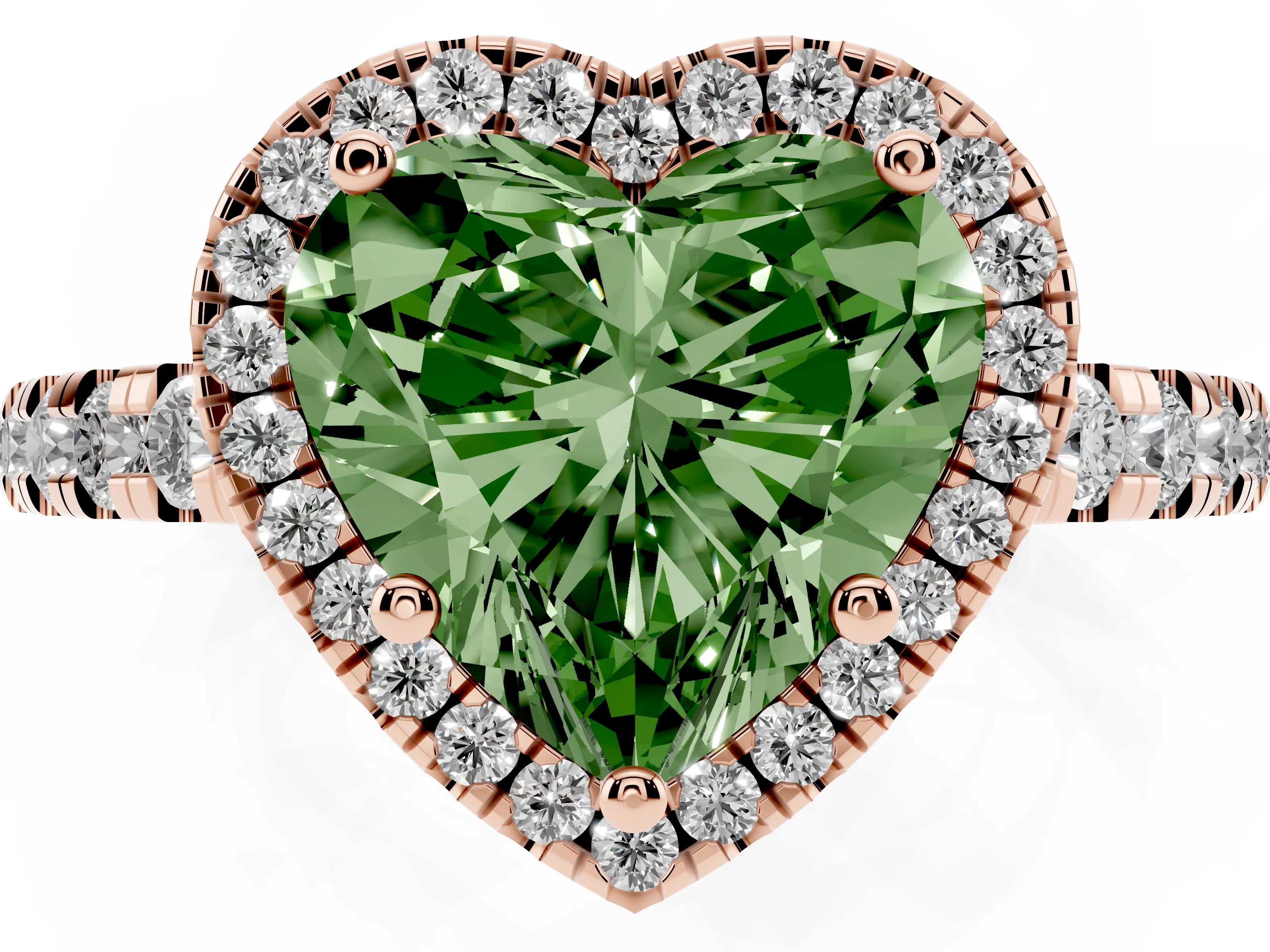 Fancy Green Heart Cut Diamond Halo Ring Set in Rose gold with Delicate Pavé Band and Prong Setting