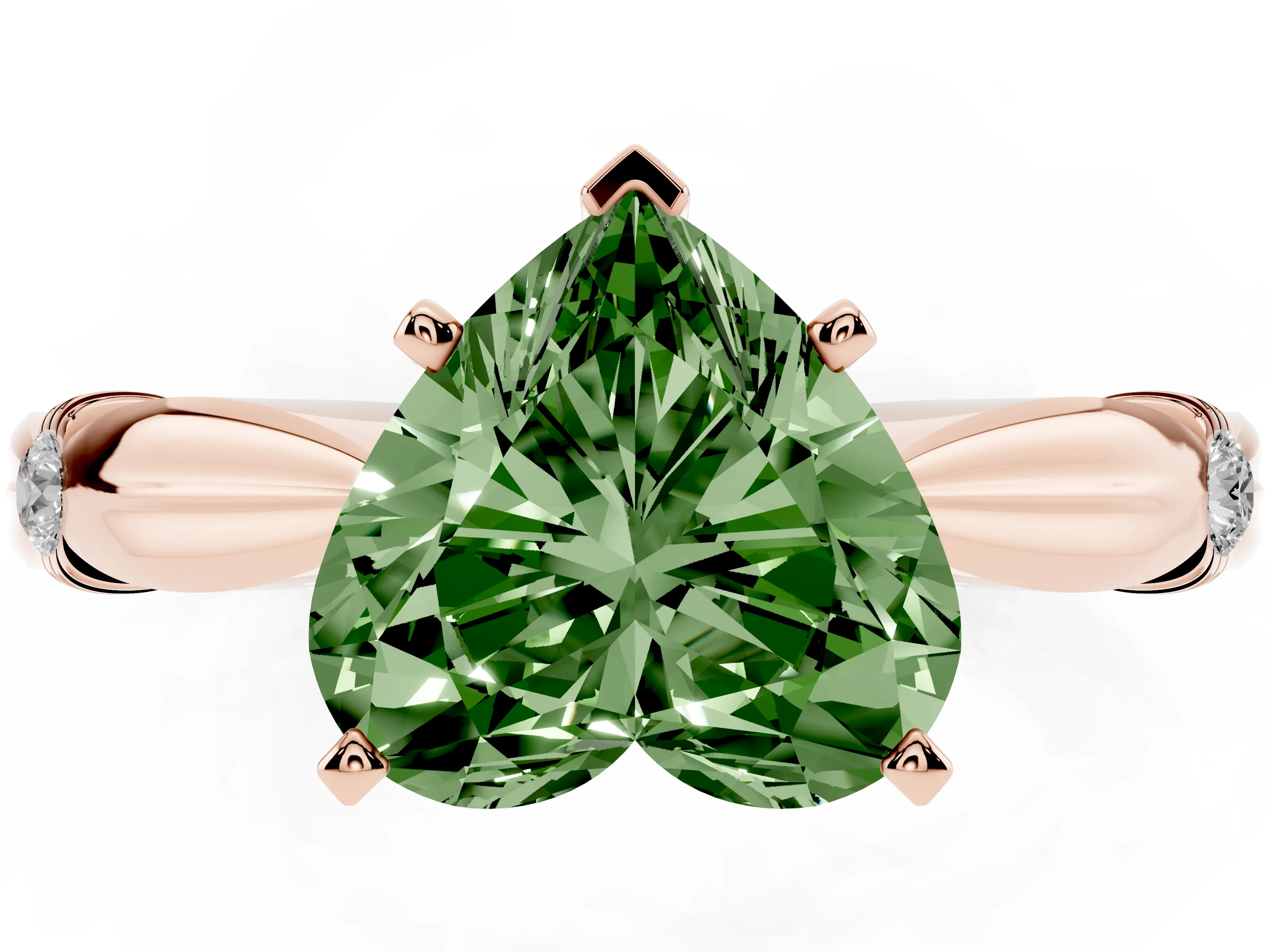 Fancy Green Heart Cut Diamond Solitaire Twisted Band Ring Set in Rose gold with Accent Stones and Prong Setting
