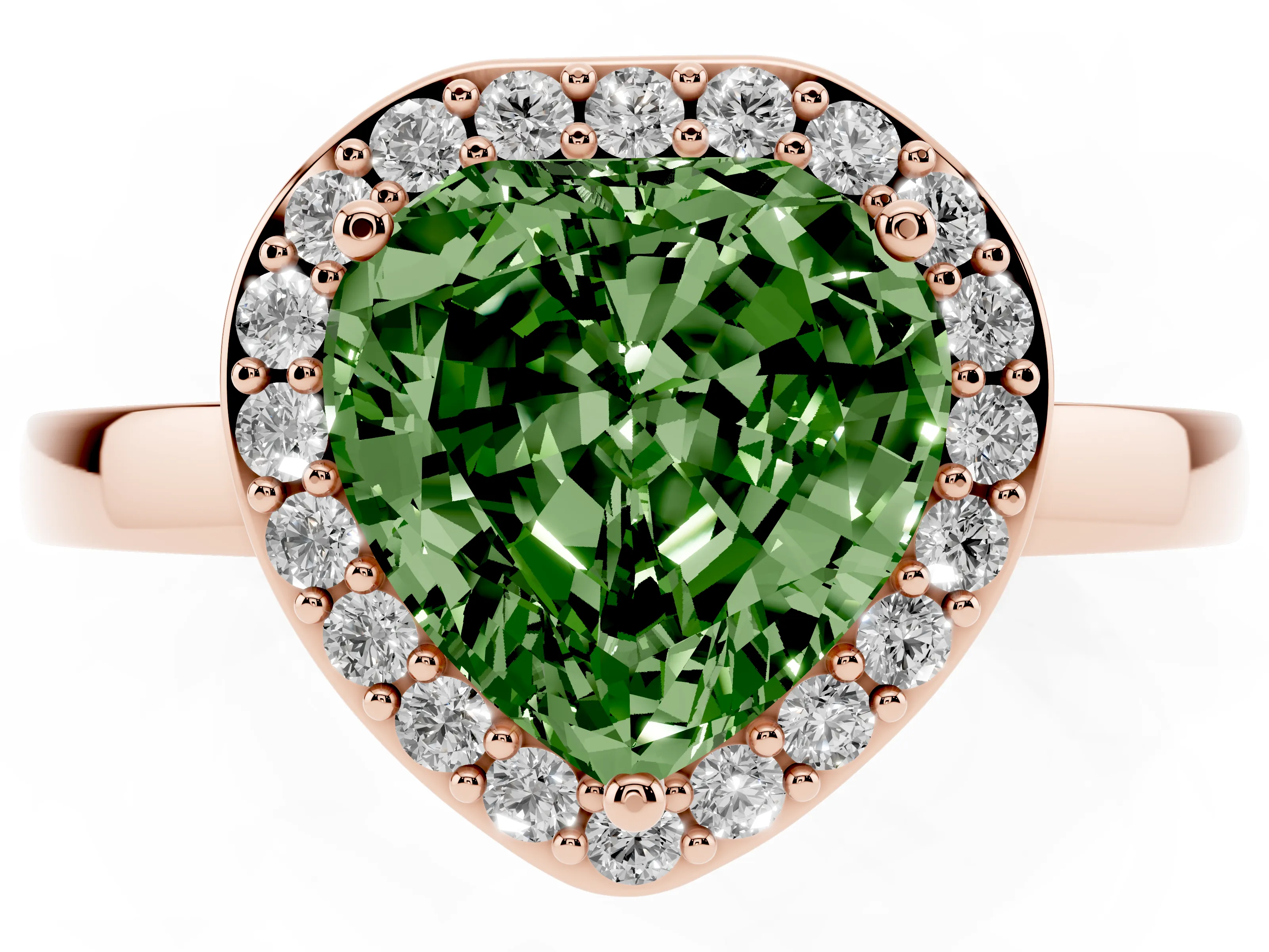 Fancy Green Heart Cut Diamond Halo Ring Set in Rose gold with Solitaire Band and Prong Setting