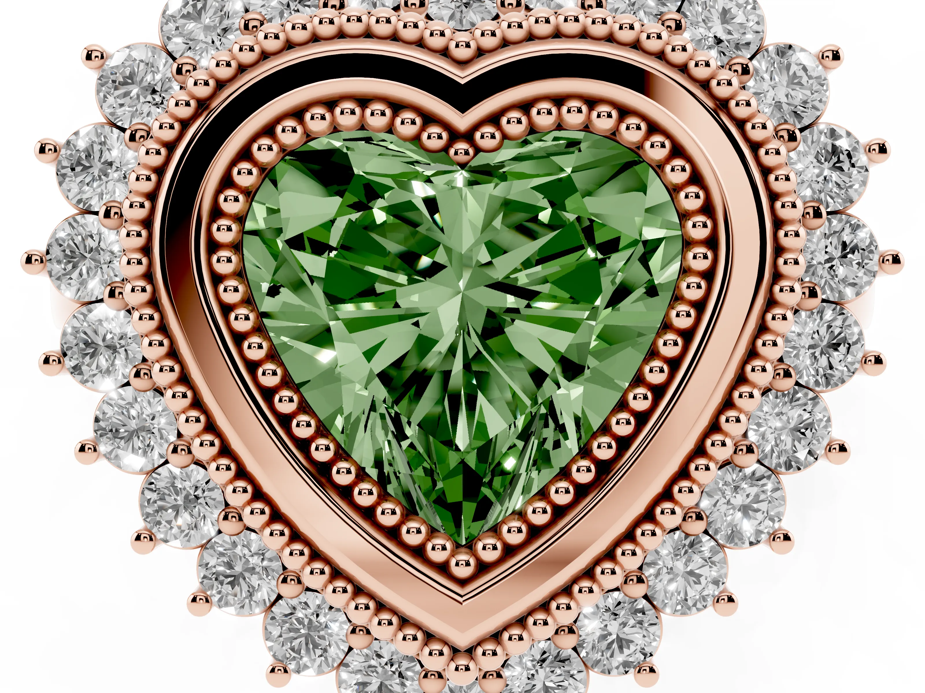 Fancy Green Heart Cut Diamond Halo Ring Set in Rose gold with Milgrain Edge and Round Prong Setting