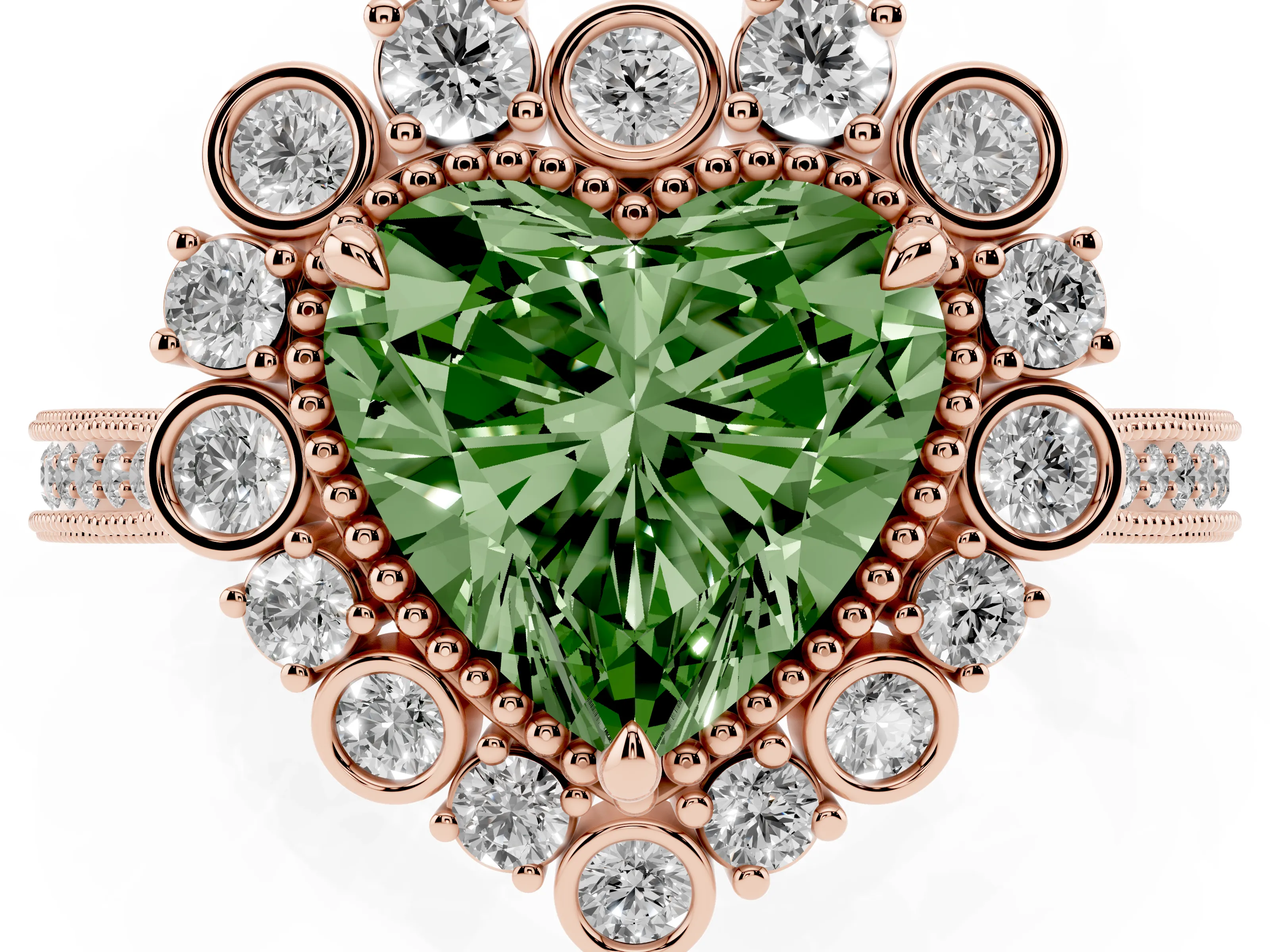 Fancy Green Heart Cut Diamond Halo Milgrain Pavé Ring Set in Rose gold with Prong Setting