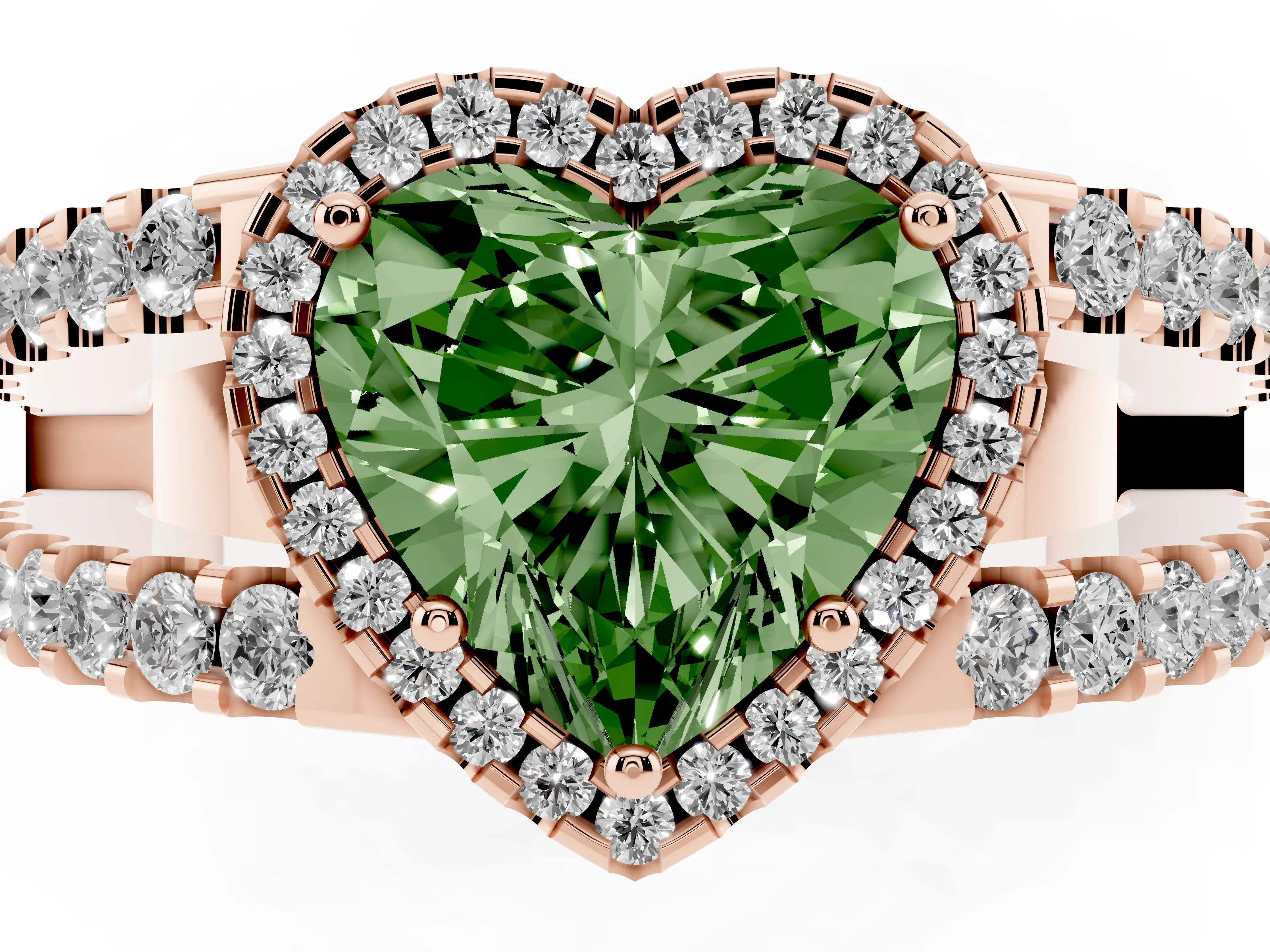 Fancy Green Heart Cut Diamond Halo Ring Set in Rose gold with Pavé Split Shank and Prong Setting