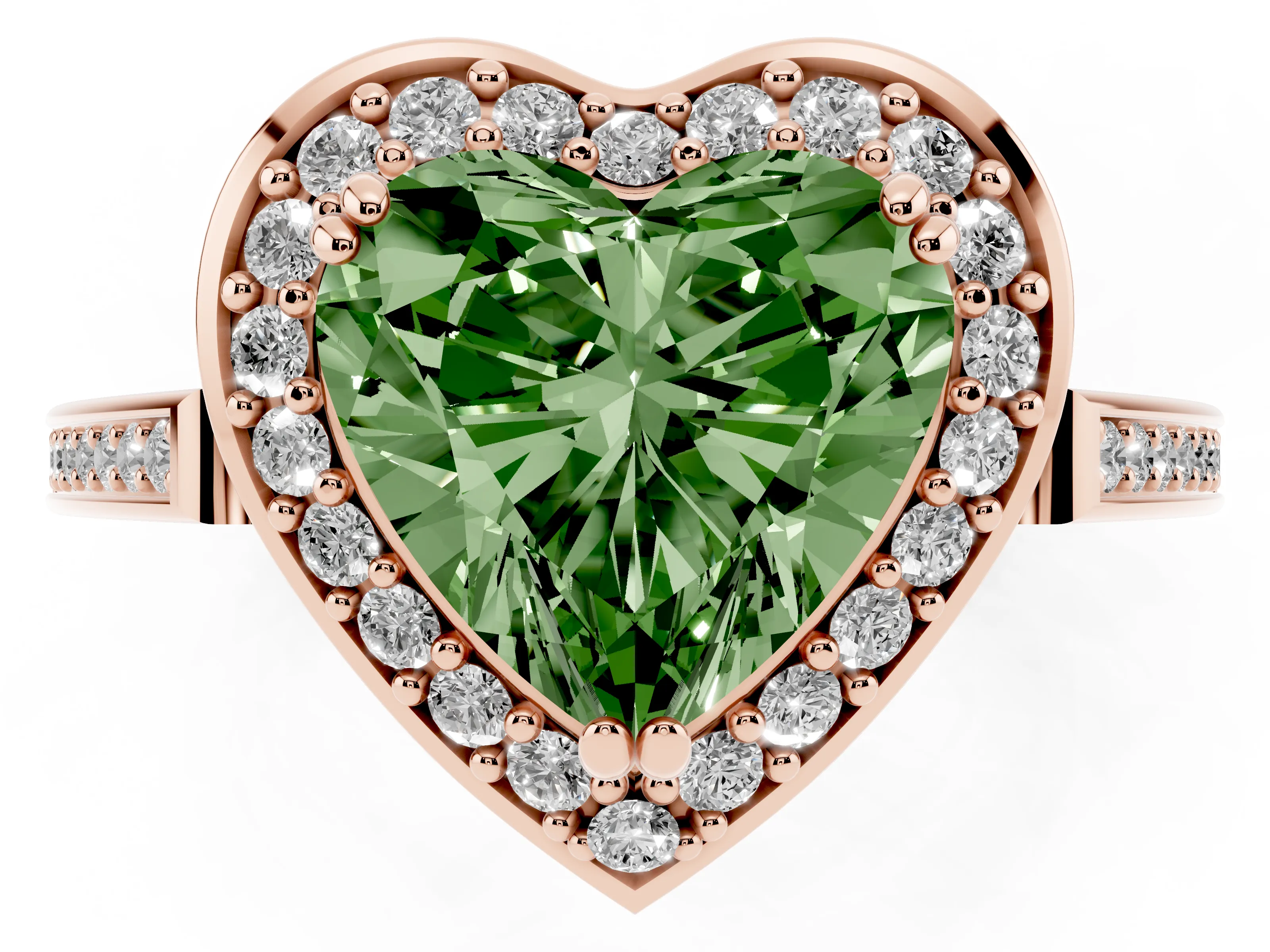 Fancy Green Heart Cut Diamond Halo Ring Set in Rose gold with Accent-Lined Split Shank and Prong Setting