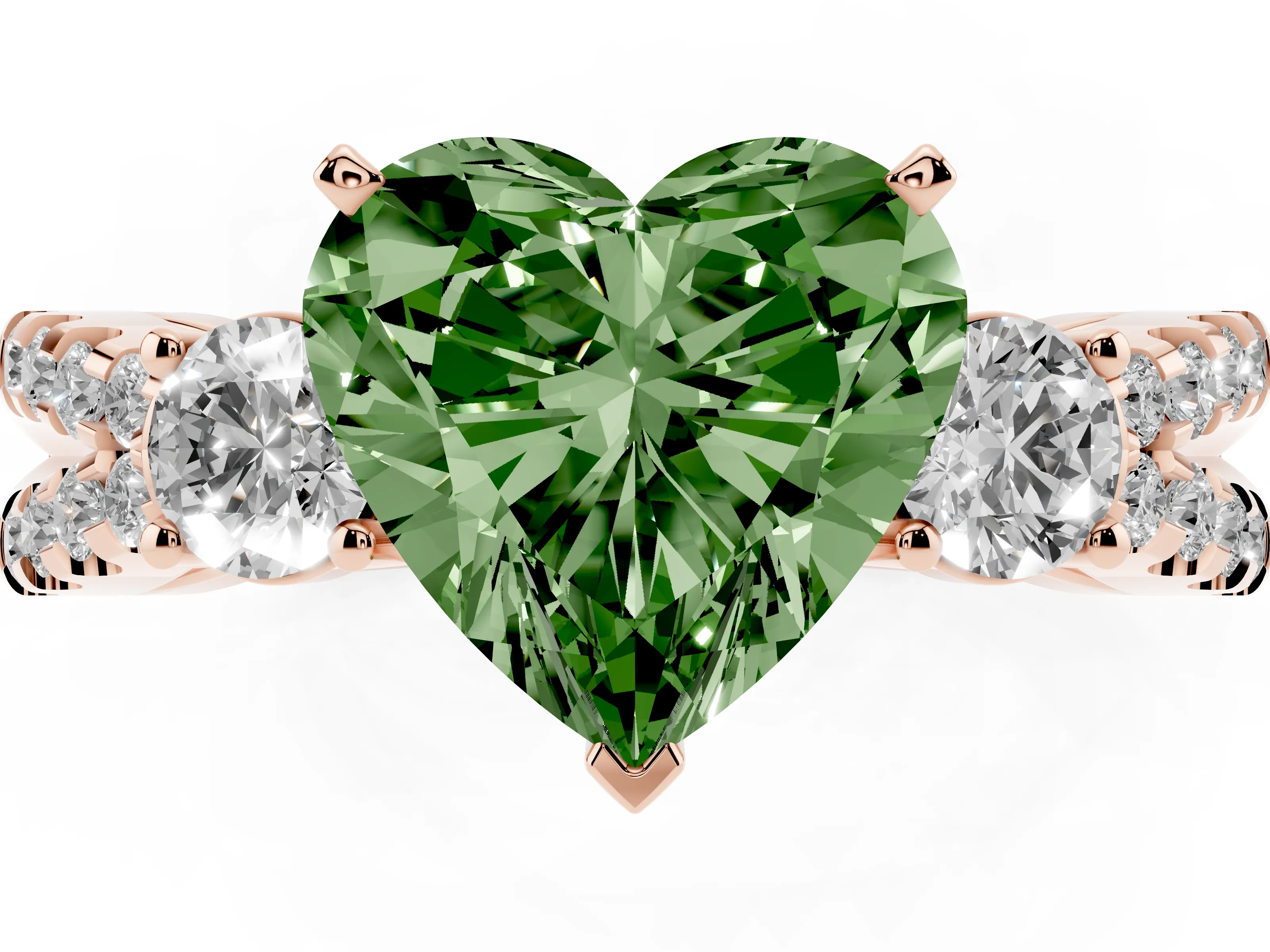 Fancy Green Heart Cut Diamond Three-Stone Ring Set in Rose gold with Pavé Split Shank and Prong Setting