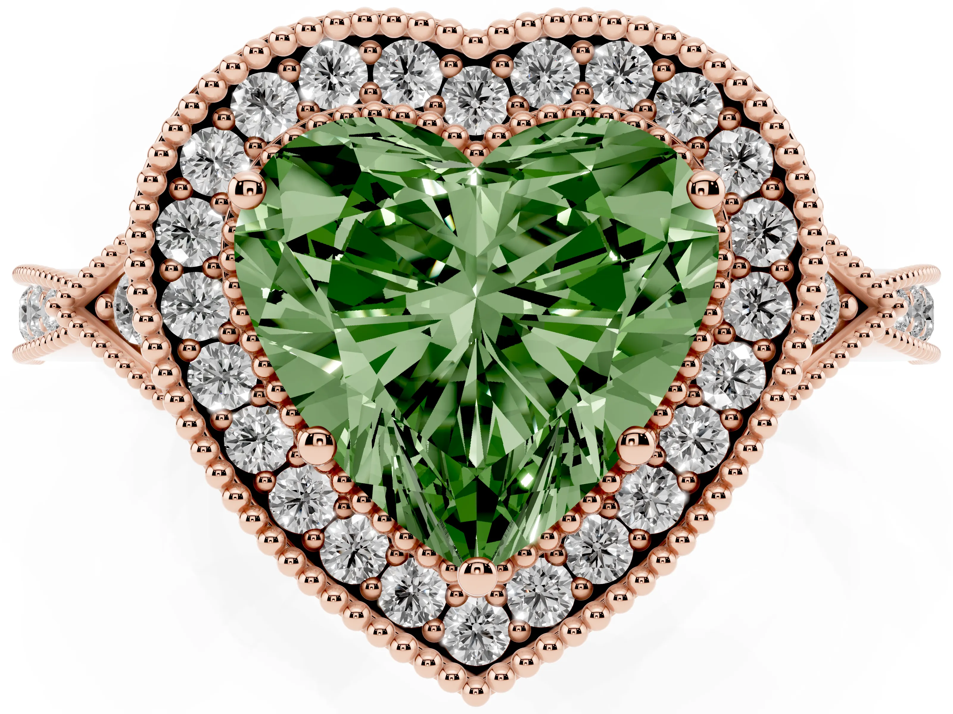 Fancy Green Heart Cut Diamond Halo Engagement Ring Set in Rose gold with Milgrain Pavé Band