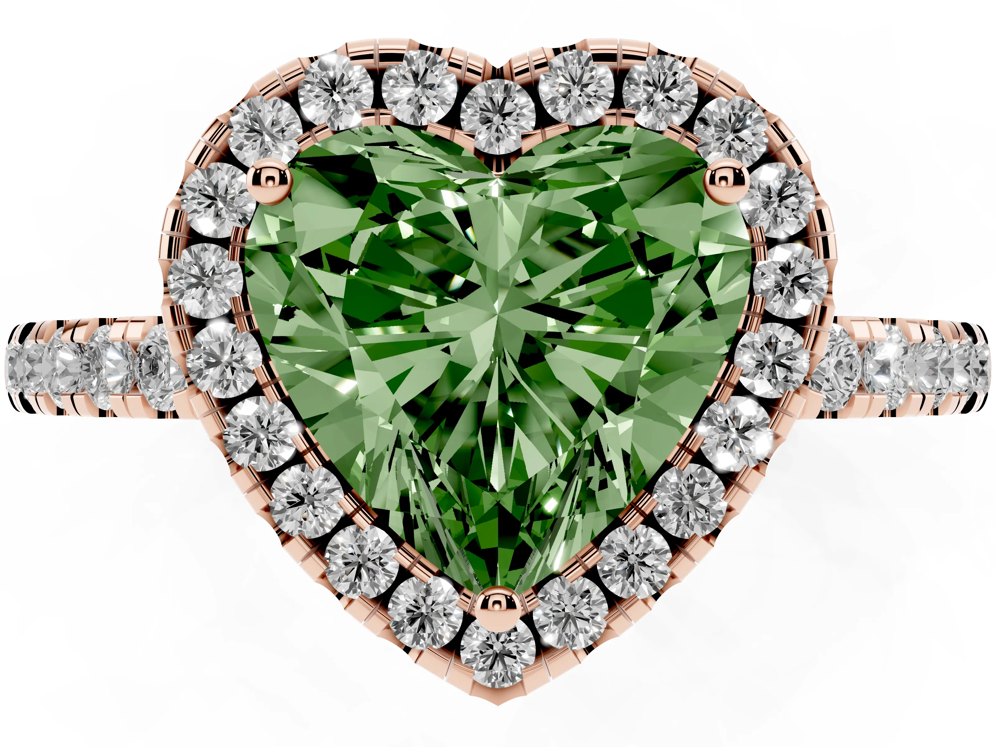 Fancy Green Heart Cut Diamond Pavé Band Halo Engagement Ring Set in Rose gold with Prong Setting