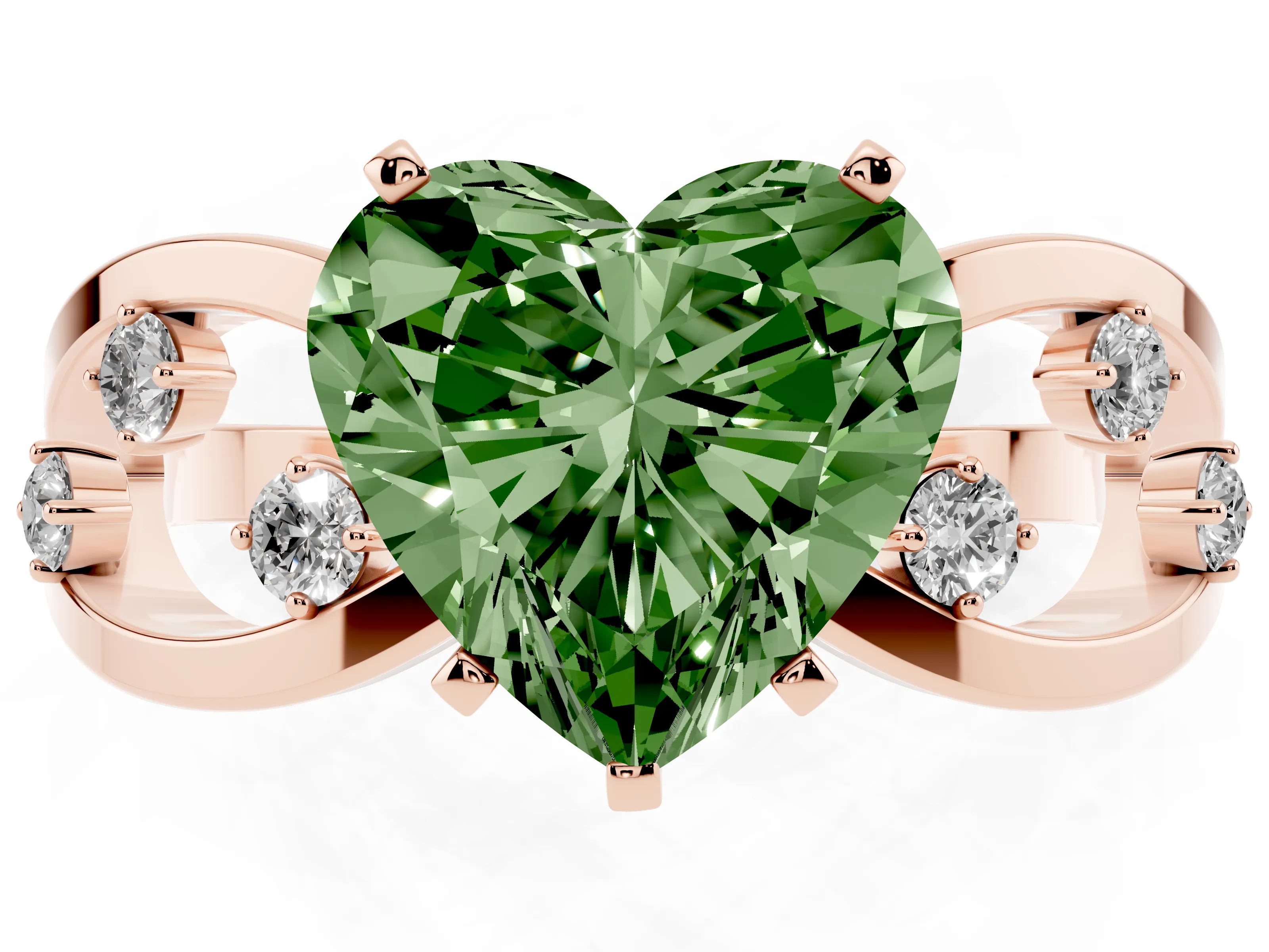 Fancy Green Heart Cut Diamond Solitaire Ring Set in Rose gold with Side Stones on Criss-Cross Band and Prong Setting