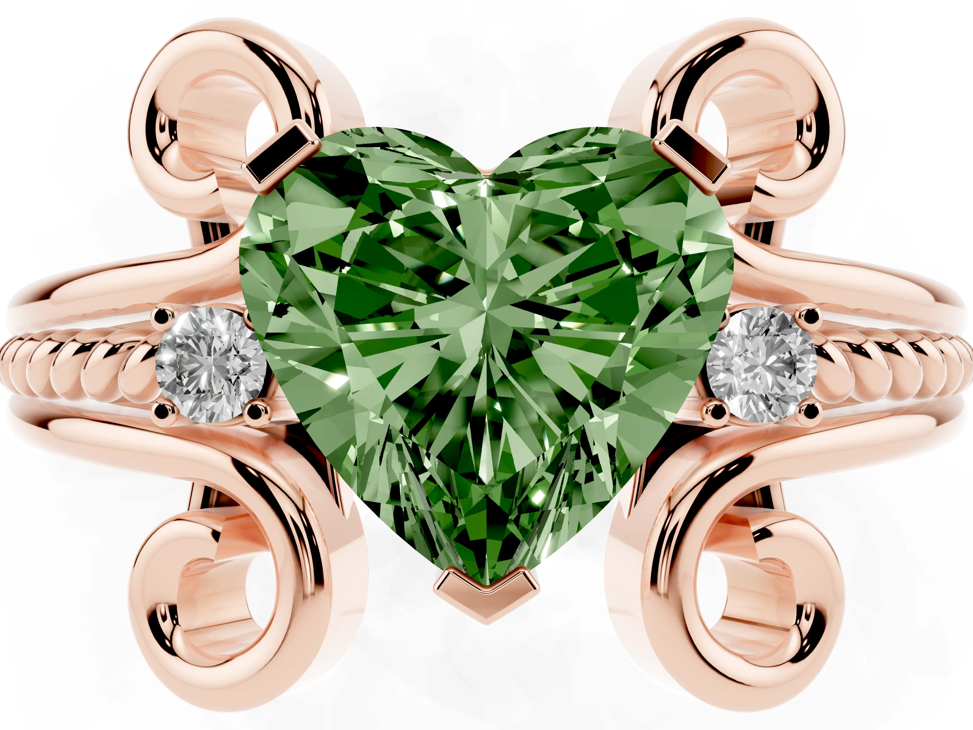 Fancy Green Heart Cut Diamond Twisted Band Solitaire Ring Set in Rose gold with Scroll Prongs
