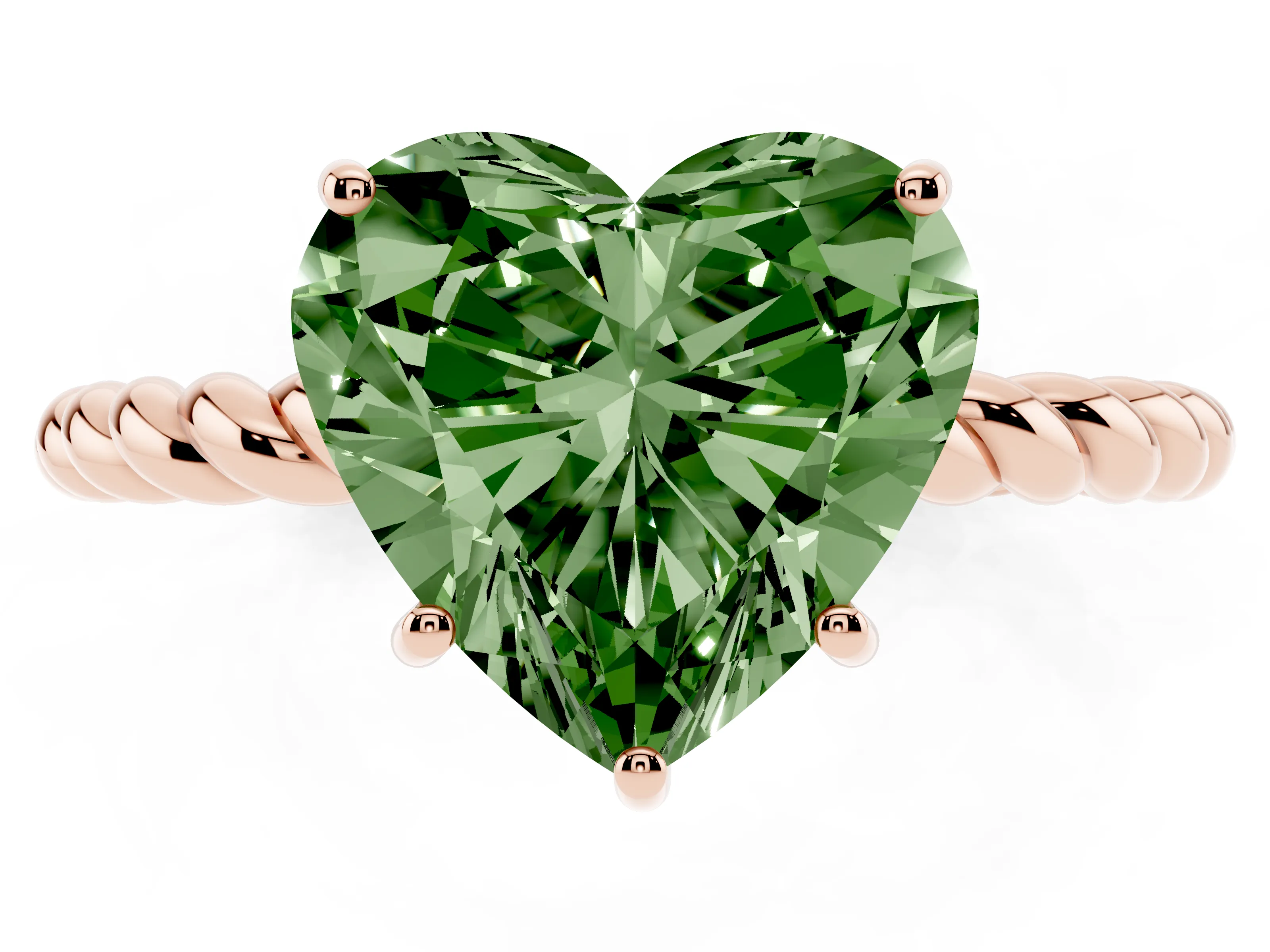 Fancy Green Heart Cut Diamond Solitaire Ring Set in Rose gold with Twist Band and Prong Setting