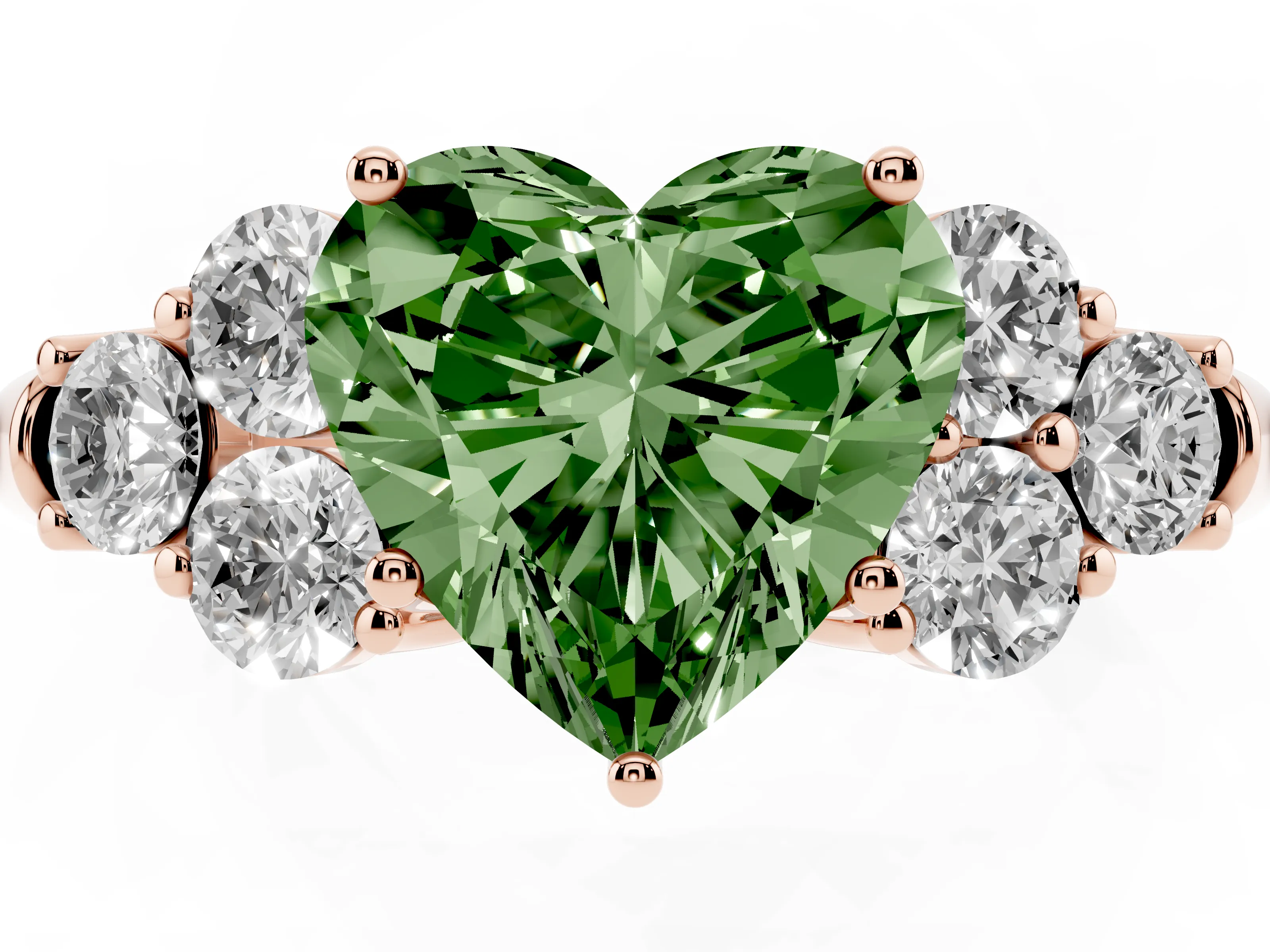Fancy Green Heart Cut Diamond Cluster Ring Set in Rose gold with Round Accent Stones and Prong Setting on a Plain Band