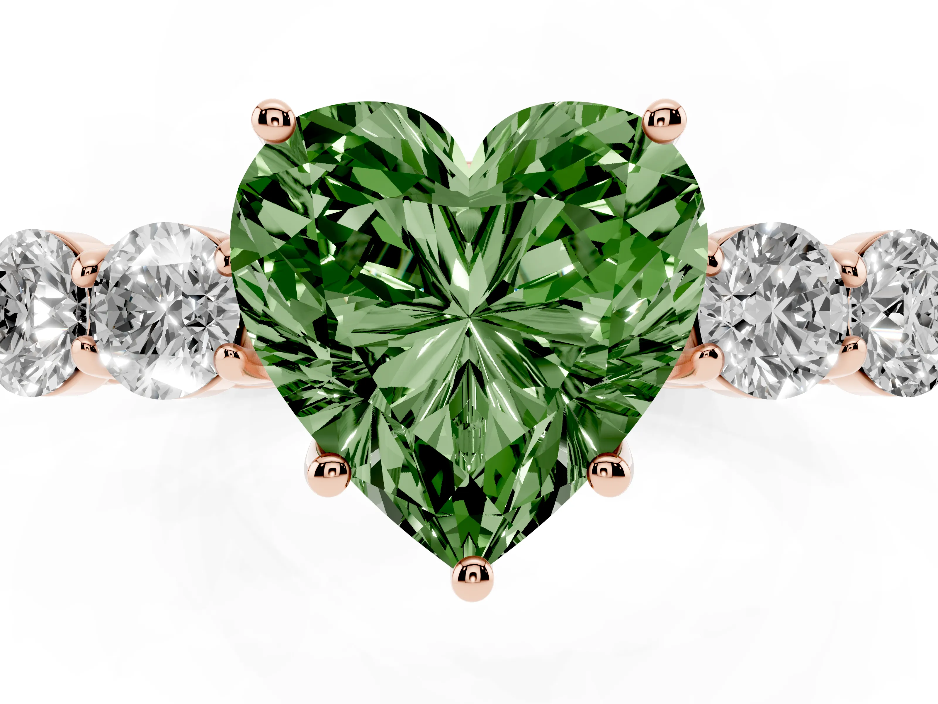 Fancy Green Heart Cut Diamond Five-Stone Prong Set Band Ring Set in Rose gold with Polished Band
